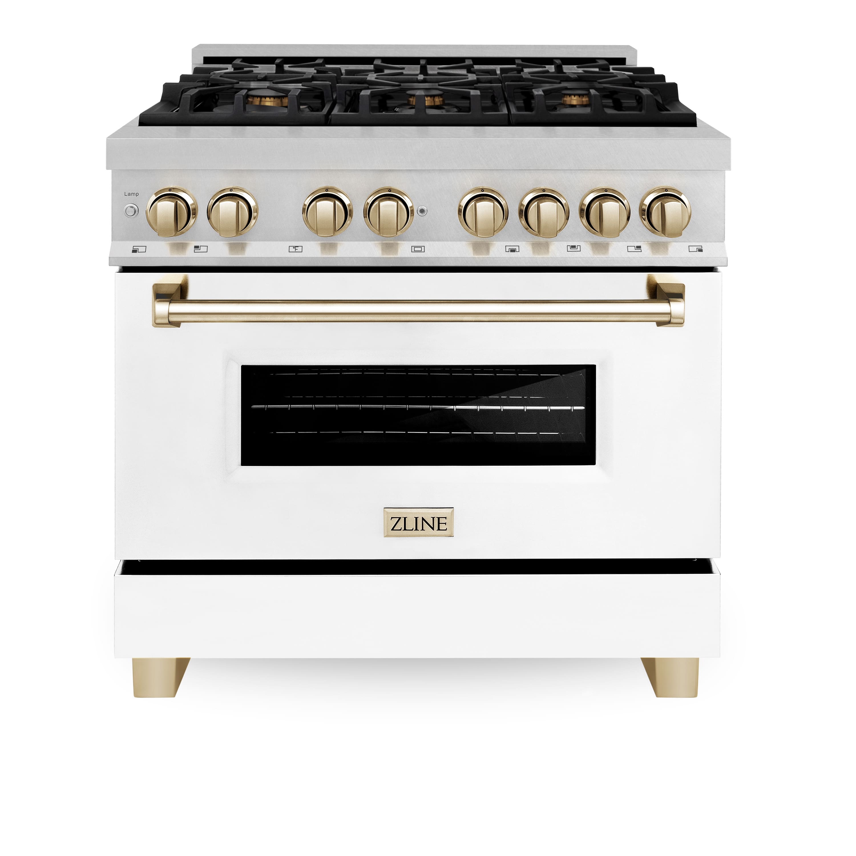 Front. ZLINE - ZLINE Autograph 36 in. Legacy Dual Fuel Range in Satin Steel w/ White & Gold Accents (RASZ-WM-36-G) - Stainless steel.