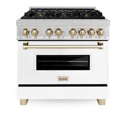 ZLINE - Autograph 36 in. Legacy Dual Fuel Range in Satin Steel w/ White & Gold Accents (RASZ-WM-36-G) - Stainless Steel