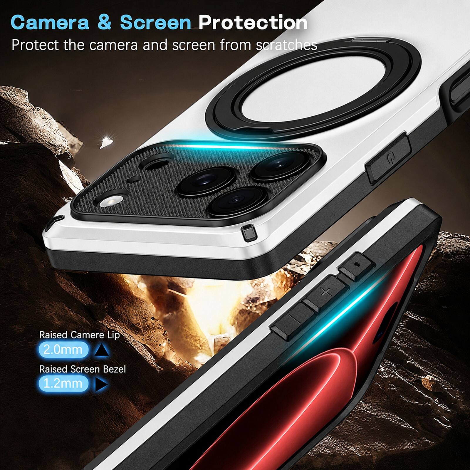 Camera & Screen Protection  
Protect the camera and screen from scratches  

Raised Camera Lip 2.0mm  
Raised Screen Bezel 1.2mm