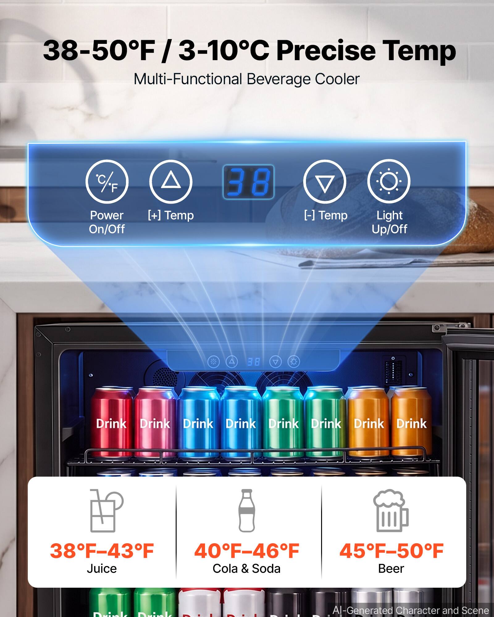 38-50°F / 3-10°C Precise Temp Multi-Functional Beverage Cooler

C/F Power On/Off
[+] Temp
38
[-] Temp
Light Up/Off

Drink Drink Drink Drink Drink Drink Drink Drink

38°F-43°F Juice
40°F-46°F Cola & Soda
45°F-50°F Beer

AI-Generated Character and Scene