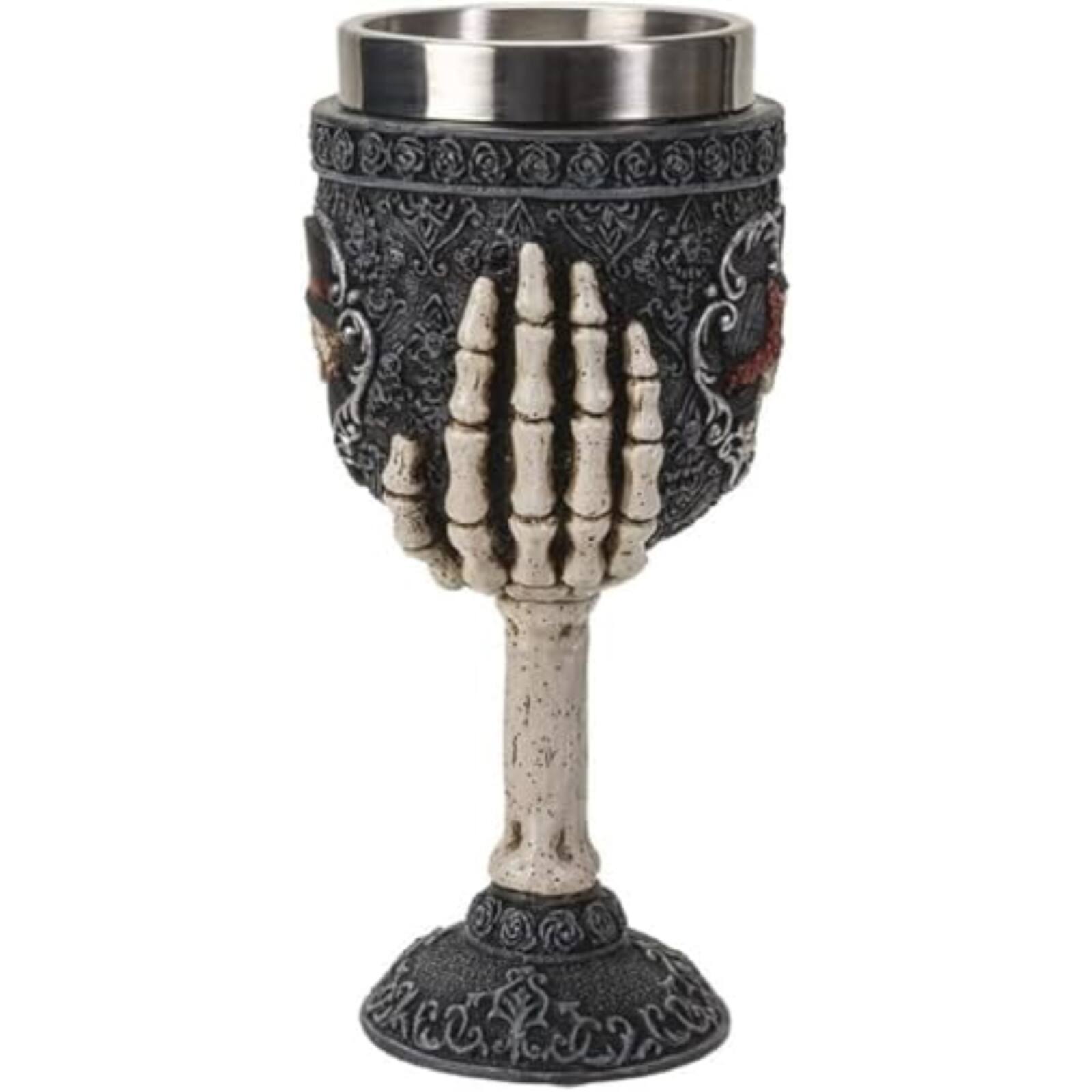 Angle. Pacific Trading - Skeleton Couple Wine Goblet Chalice Cup Resin Body Stainless Steel Cup 7 ounce - Multicolor.