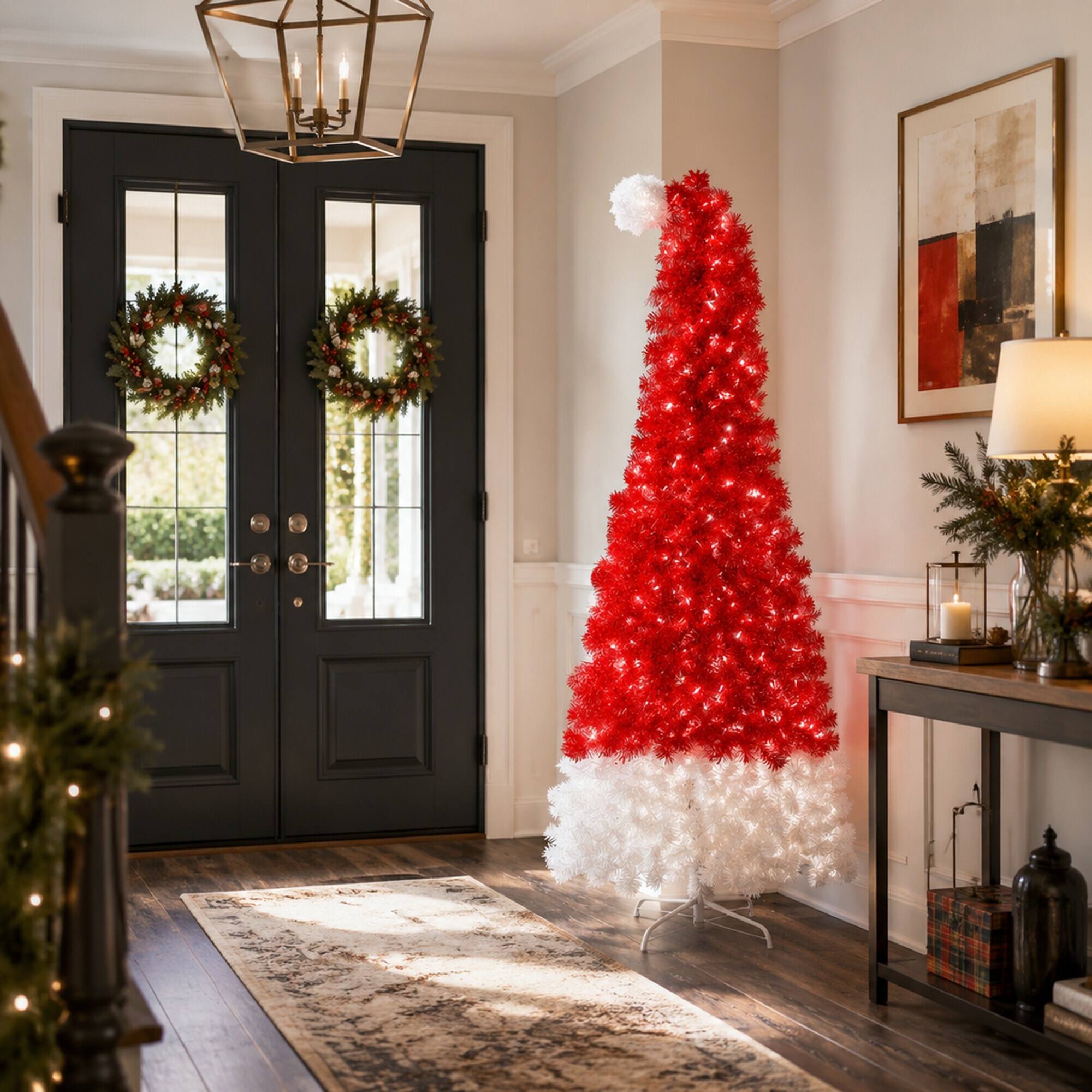 Alt View 2. RYHNUYNE - 6FT Whimsical Santa Hat Christmas Tree, 1050 Curved Branch Tips LED Lights Artificial Xmas Tree Holiday Decor - Red,White.