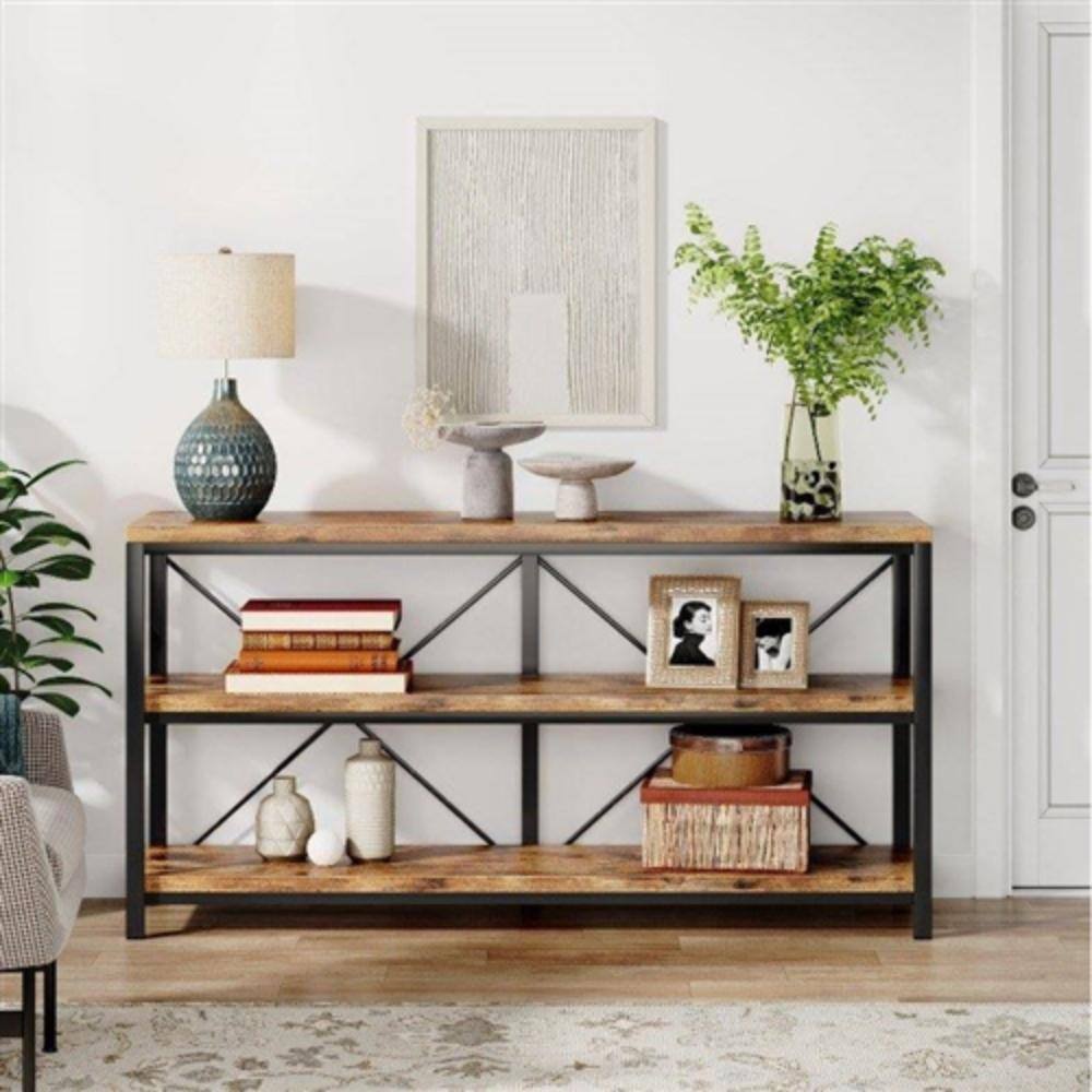 Left. Hivvago - Industrial 55-inch Wood Shelf Console Sofa Table with Sturdy Black Metal Frame - Rustic, Black.
