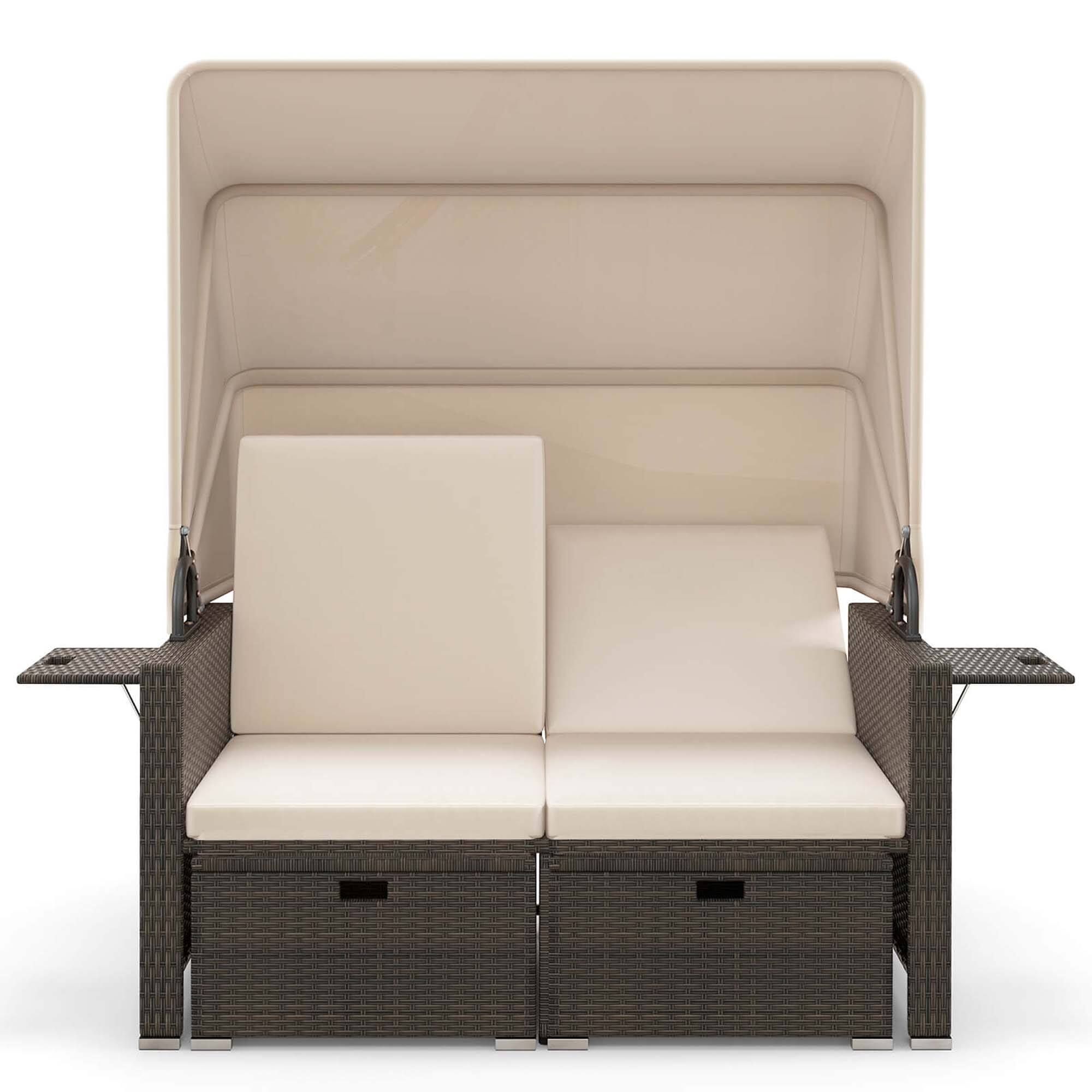 Angle. Costway - Outdoor Patio Rattan Daybed with Retractable Canopy & Adjustable Backrests - Beige + Mix Brown.