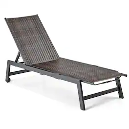 Costway - 1PC Patio Galvanized Steel Chaise Lounge with Wheels Outdoor PE Rattan Recliner Chair - Mix Brown,Black