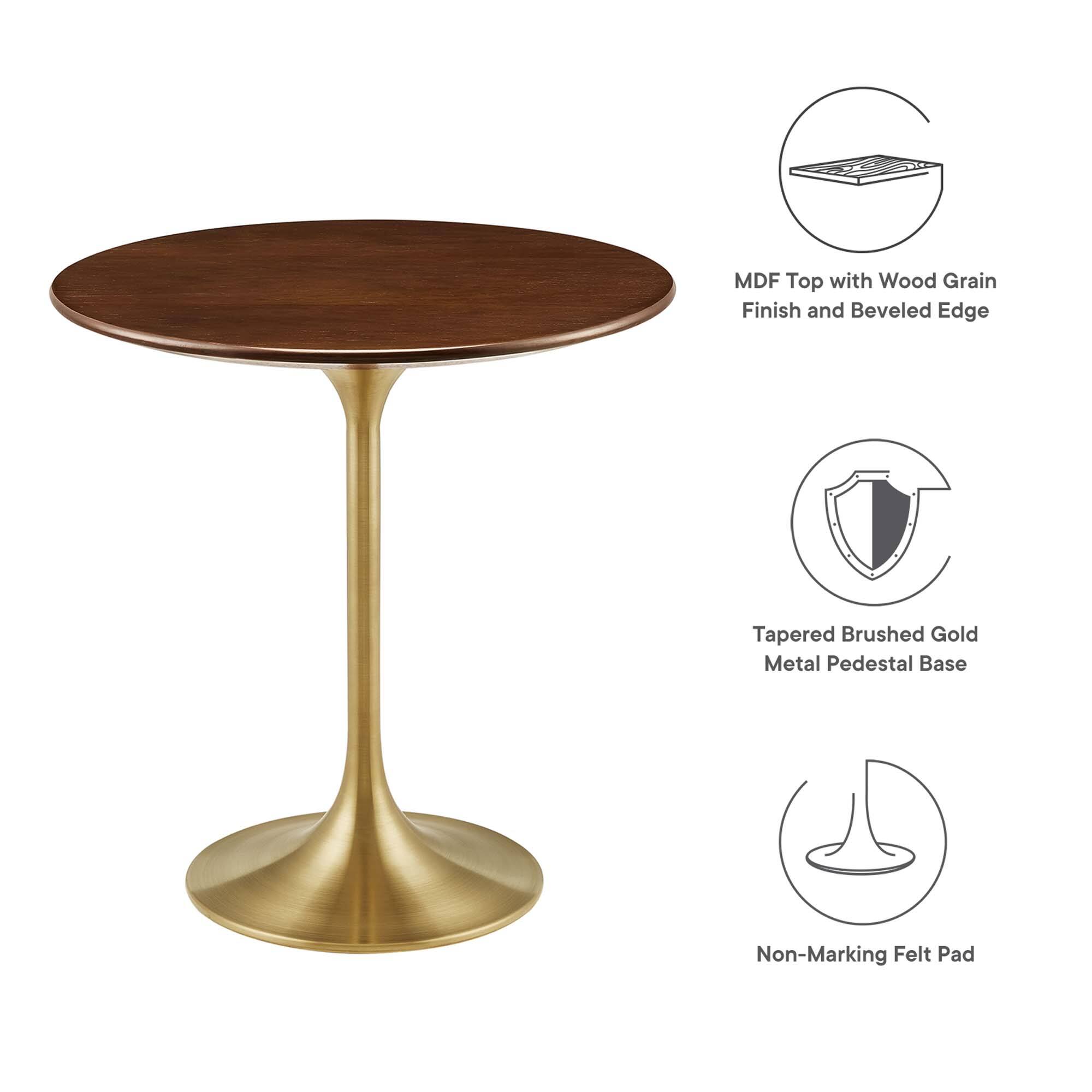 MDF Top with Wood Grain Finish and Beveled Edge  
Tapered Brushed Gold Metal Pedestal Base  
Non-Marking Felt Pad