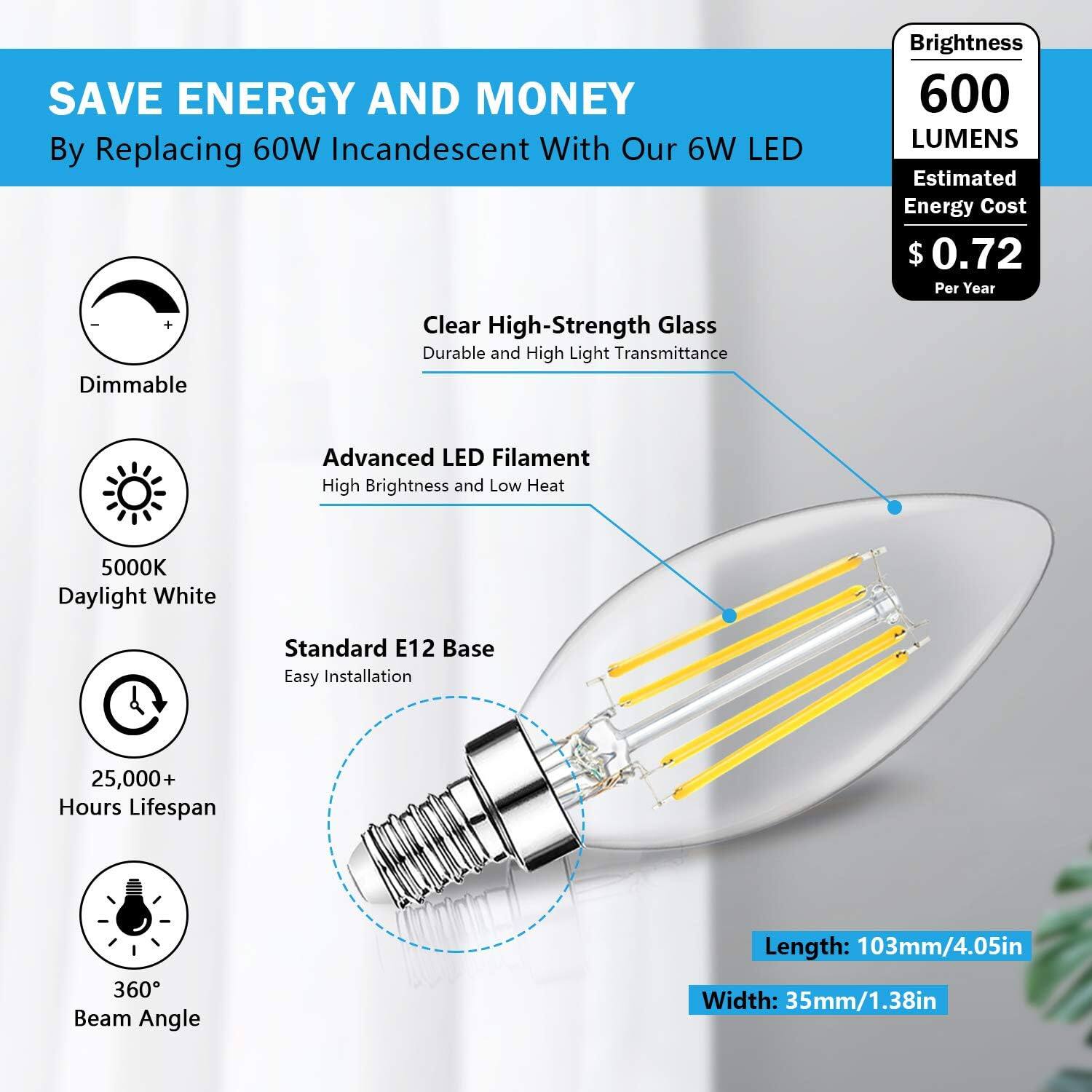 SAVE ENERGY AND MONEY  
By Replacing 60W Incandescent With Our 6W LED  

- Dimmable  
- 5000K Daylight White  
- 25,000+ Hours Lifespan  
- 360° Beam Angle  

Clear High-Strength Glass  
Durable and High Light Transmittance  

Advanced LED Filament  
High Brightness and Low Heat  

Standard E12 Base  
Easy Installation  

Brightness: 600 LUMENS  
Estimated Energy Cost: $0.72 Per Year  

Length: 103mm/4.05in  
Width: 35mm/1.38in