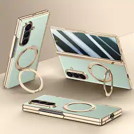 Dteck - For Samsung Galaxy Z Fold7 Luxury Plated Frame Ring Stand Magnetic Case Hinge Protection Cover+Built-in Screen Protector - Green-Privacy Screen