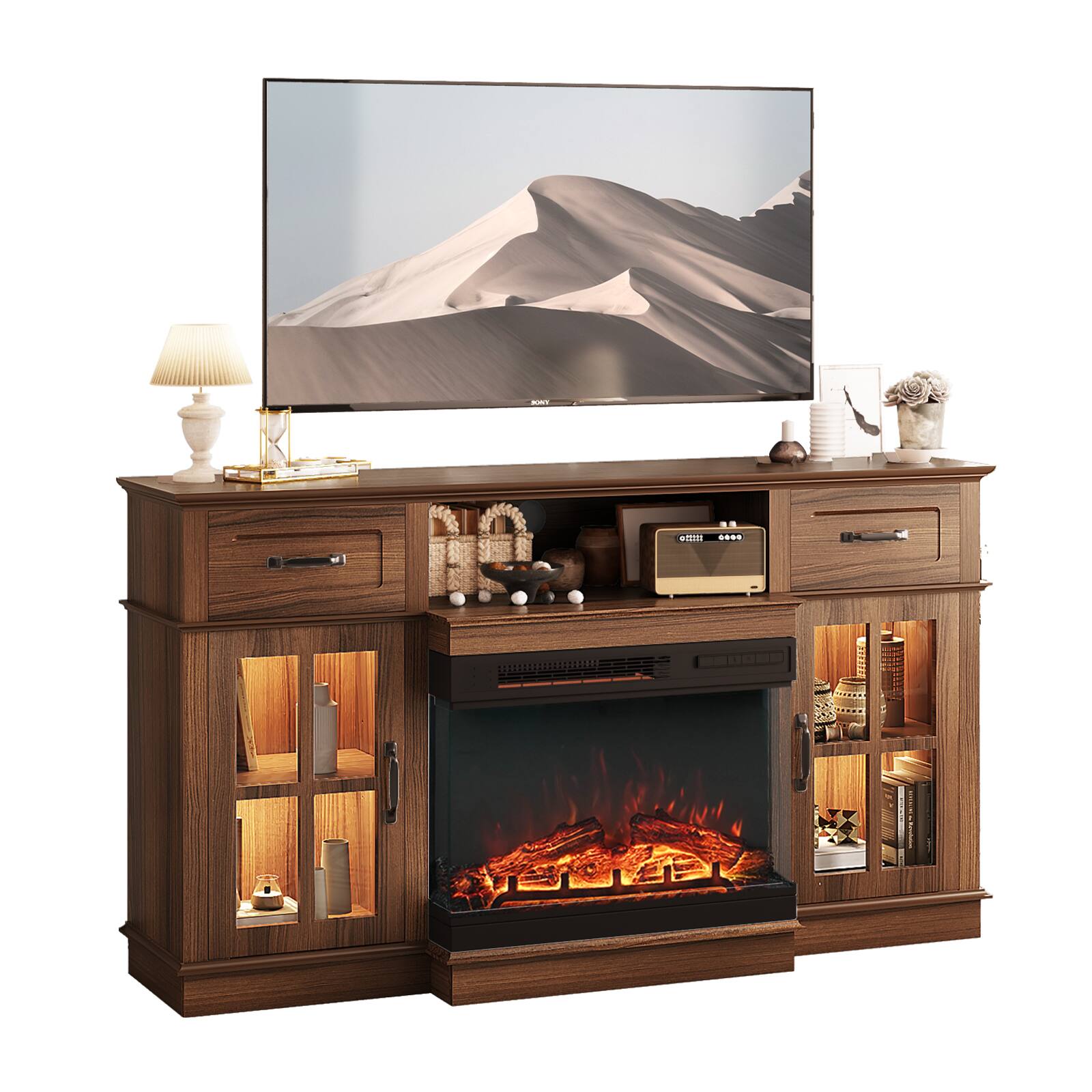 Alt View 1. Winado - 58" Fireplace TV Stand with Drawers LED Lights Storage Cabinets for up to 70" TV - Oak.