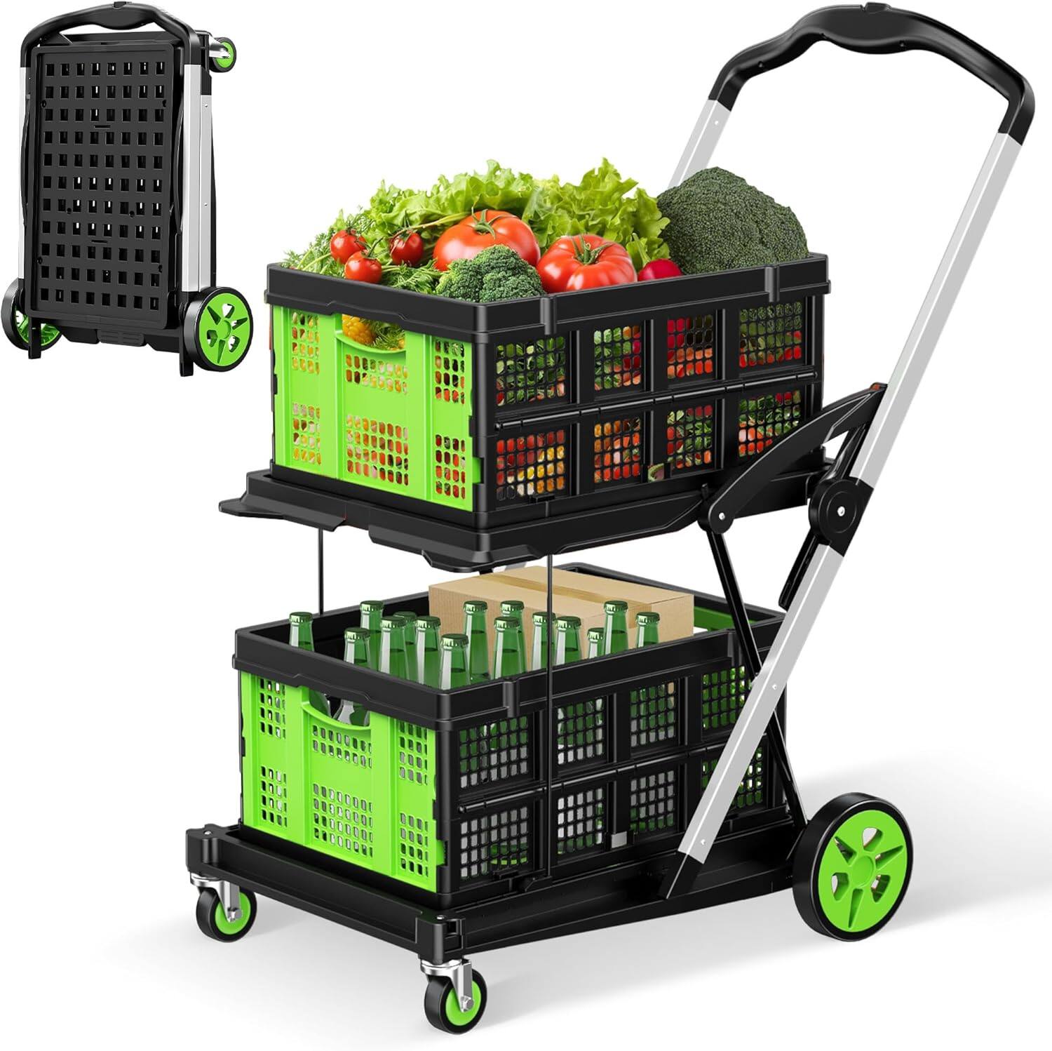 Alt View 5. Silvel - Collapsible Shopping Cart, 8-in-1 200LBS Multi Functional Utility Cart with 2 Storage Crate, Adjustable Handle - Green.