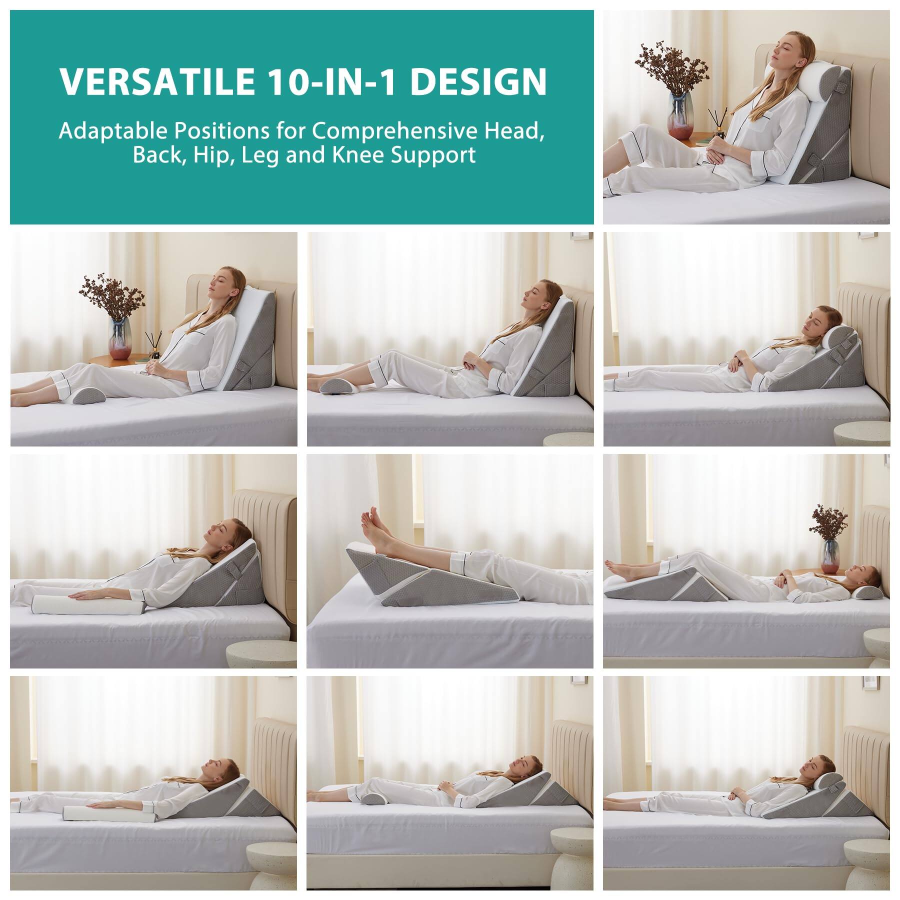 VERSATILE 10-IN-1 DESIGN  
Adaptable Positions for Comprehensive Head, Back, Hip, Leg and Knee Support