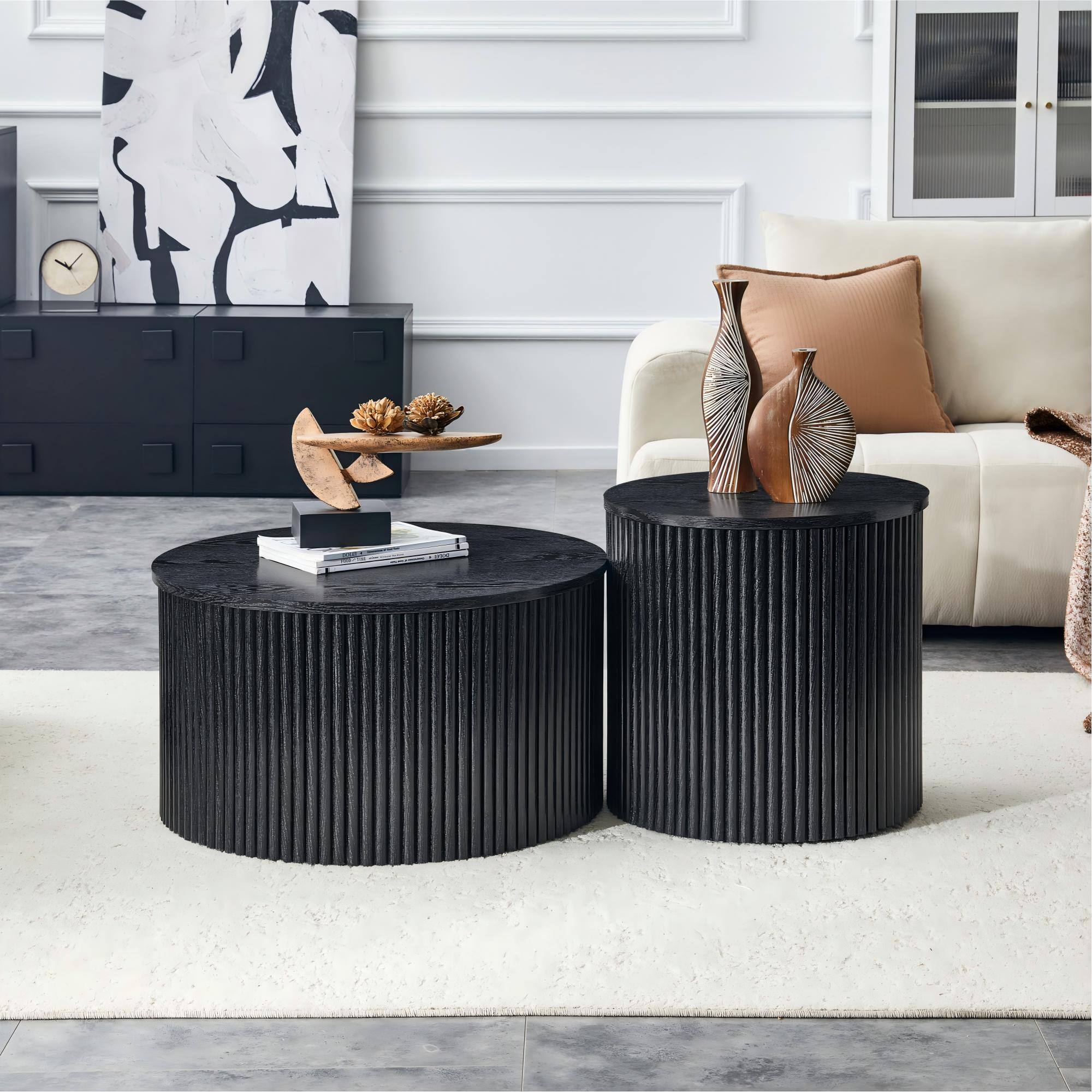 Alt View 1. Loheer - Loheer- 2.6ft Black Nesting Coffee Table Set Roman Column Round Storage Side Tables for Living Room - Black Woodgrain.