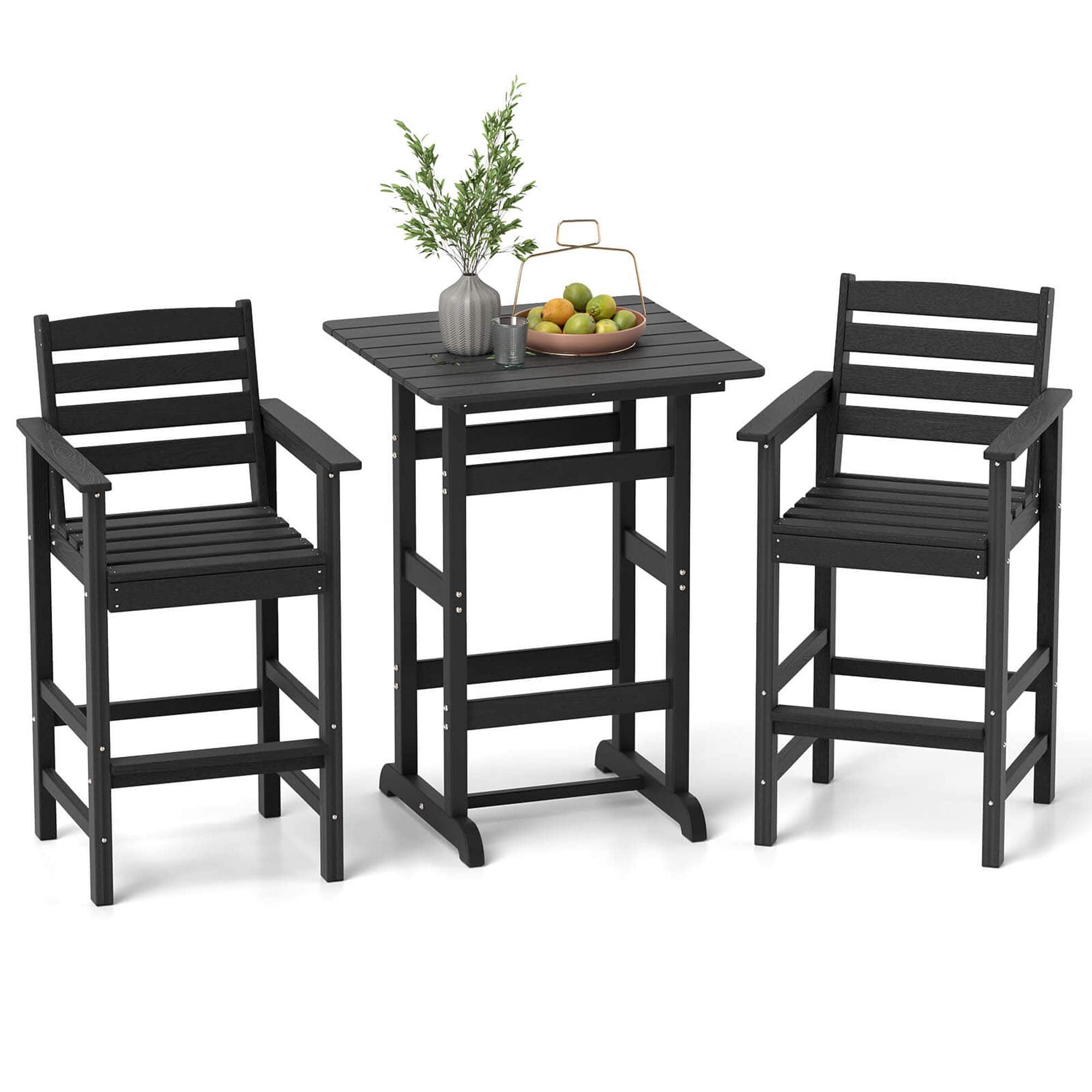 Costway - 3-Piece Patio HDPE Bar Set Armchairs with Square High-Top Table Footrest Backrest - Black