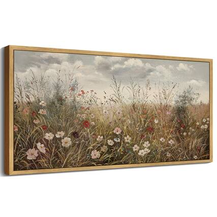 Front. Fabibe - 20x40in Natural Framed Fade amp; Scratch-Resistant - Vintage landscape art printed - Brown 40"L x 20"W Wildflower Field.