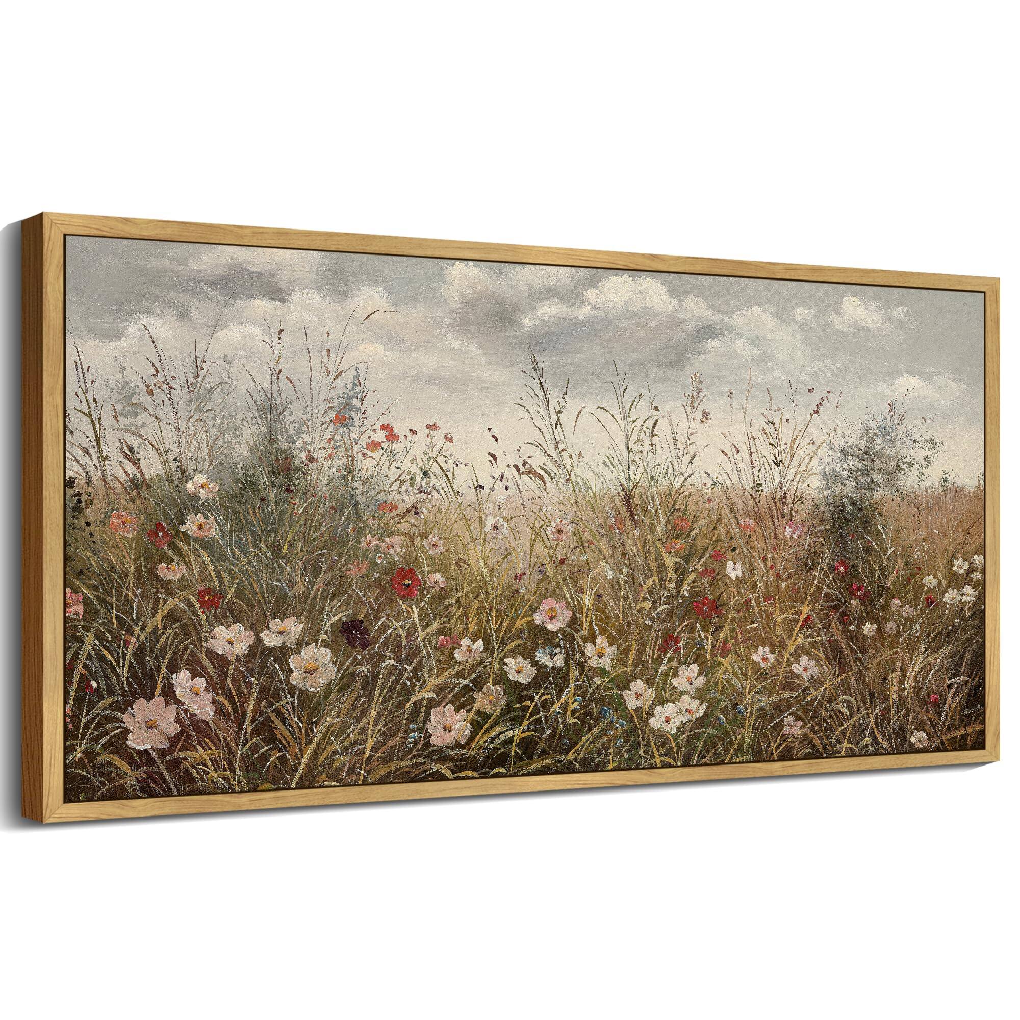 Front. Fabibe - 20x40in Natural Framed Fade amp; Scratch-Resistant - Vintage landscape art printed - Brown 40"L x 20"W Wildflower Field.