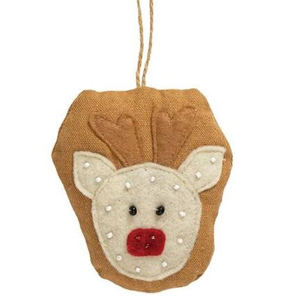Front. BreeBe - *Beaded Reindeer Fabric Ornament - Brown, Cream.