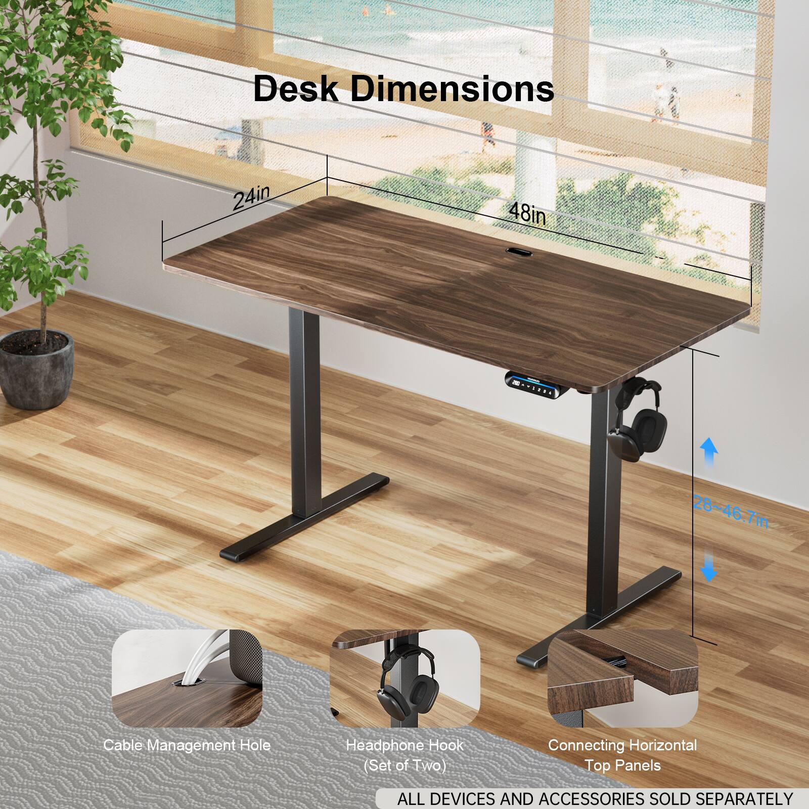 Desk Dimensions 24in x 48in M. 28"-46.7" Cable Management Hole Headphone Hook (Set of Two) Connecting Horizontal Top Panels ALL DEVICES AND ACCESSORIES SOLD SEPARATELY