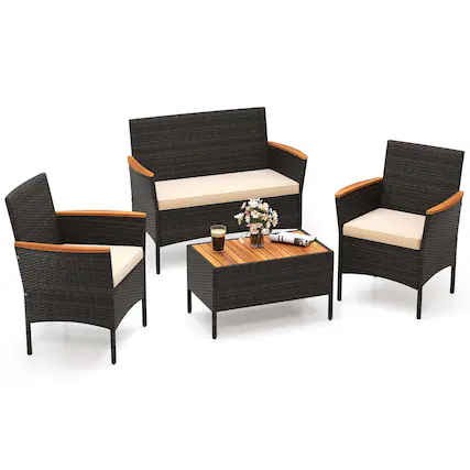 Front. Costway - Costway 4 PCS Patio Wicker Sofa Set with Coffee Table Acacia Wood Armrests & Tabletop - Brown.