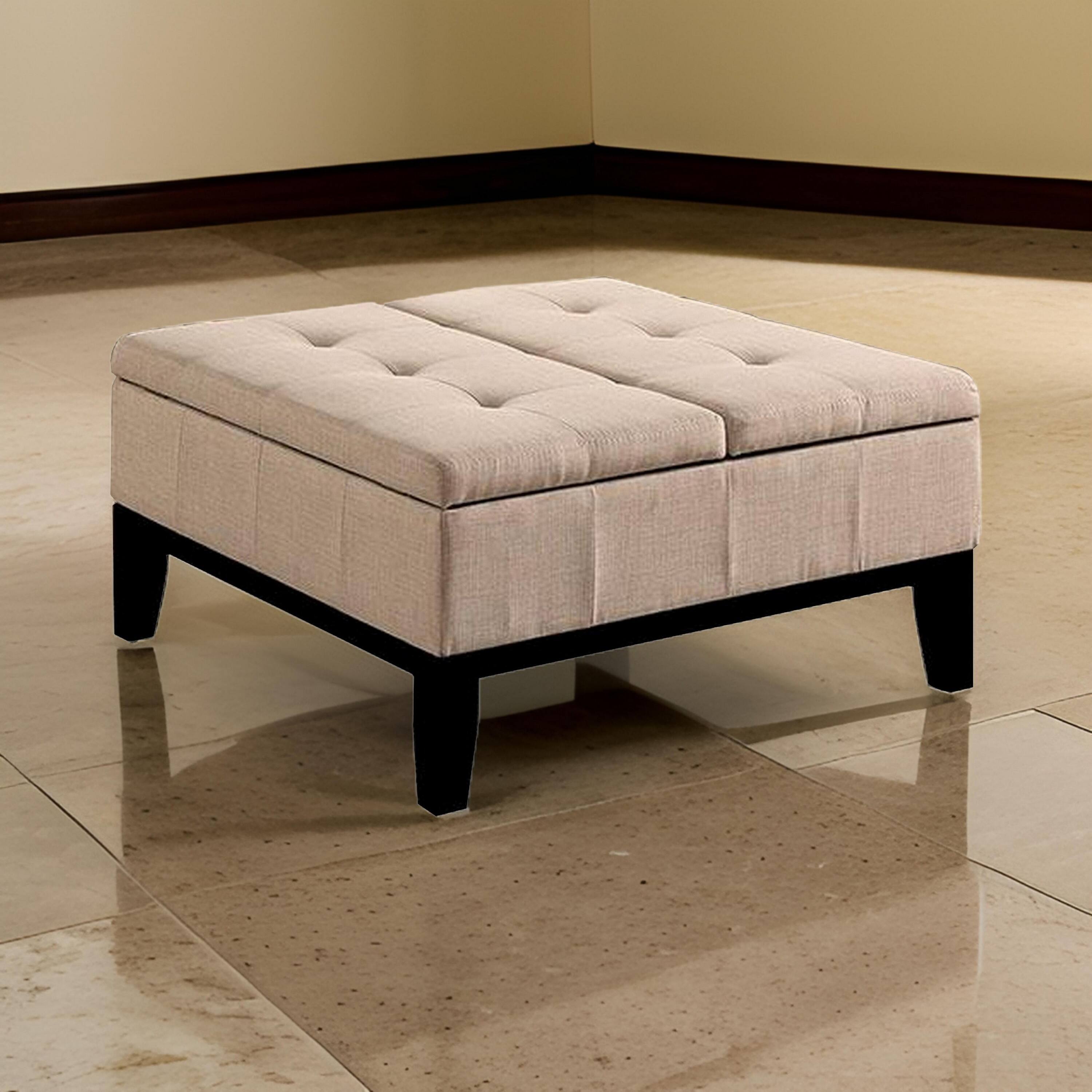 Alt View 5. Manhattan Lane - Orin 36 Inch Ottoman, Split Storage Lid, Tufted Beige Upholstery, Wood - Beige, Espresso.