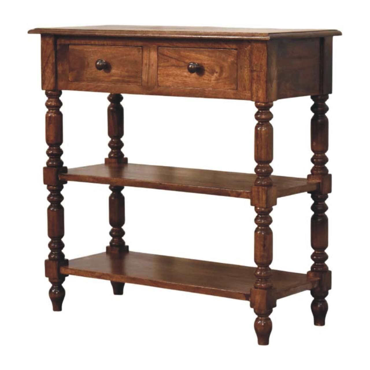 Left. Artisan Furniture - Turned Leg Side Table with Shelves, 2 Drawers, Brown - Brown.