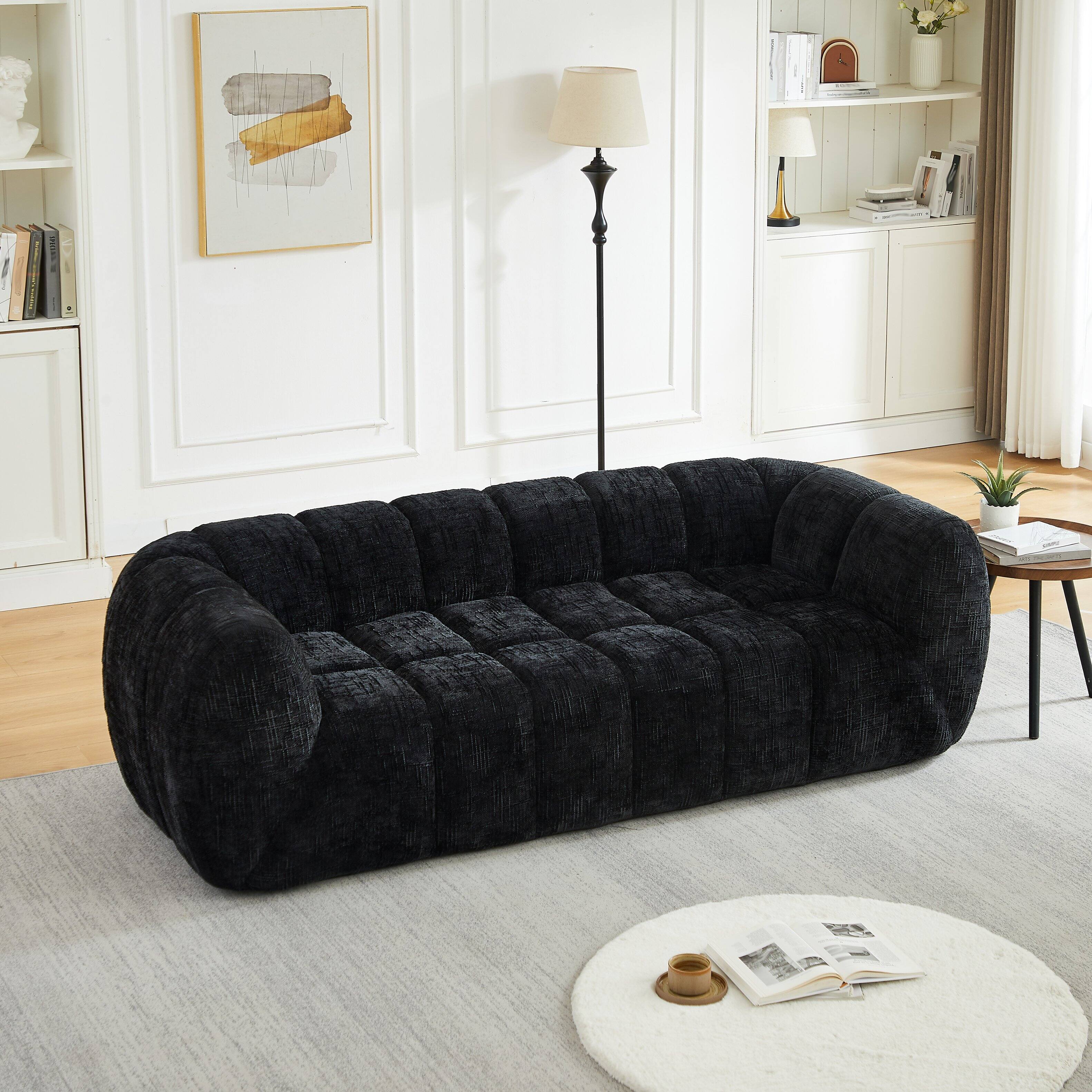 Angle. Anysun - Comfortable Three-Seater Chenille Pure Foam Sofa – Modern Quilted Cloud Sofa, Deep-Seat Chenille - Black.
