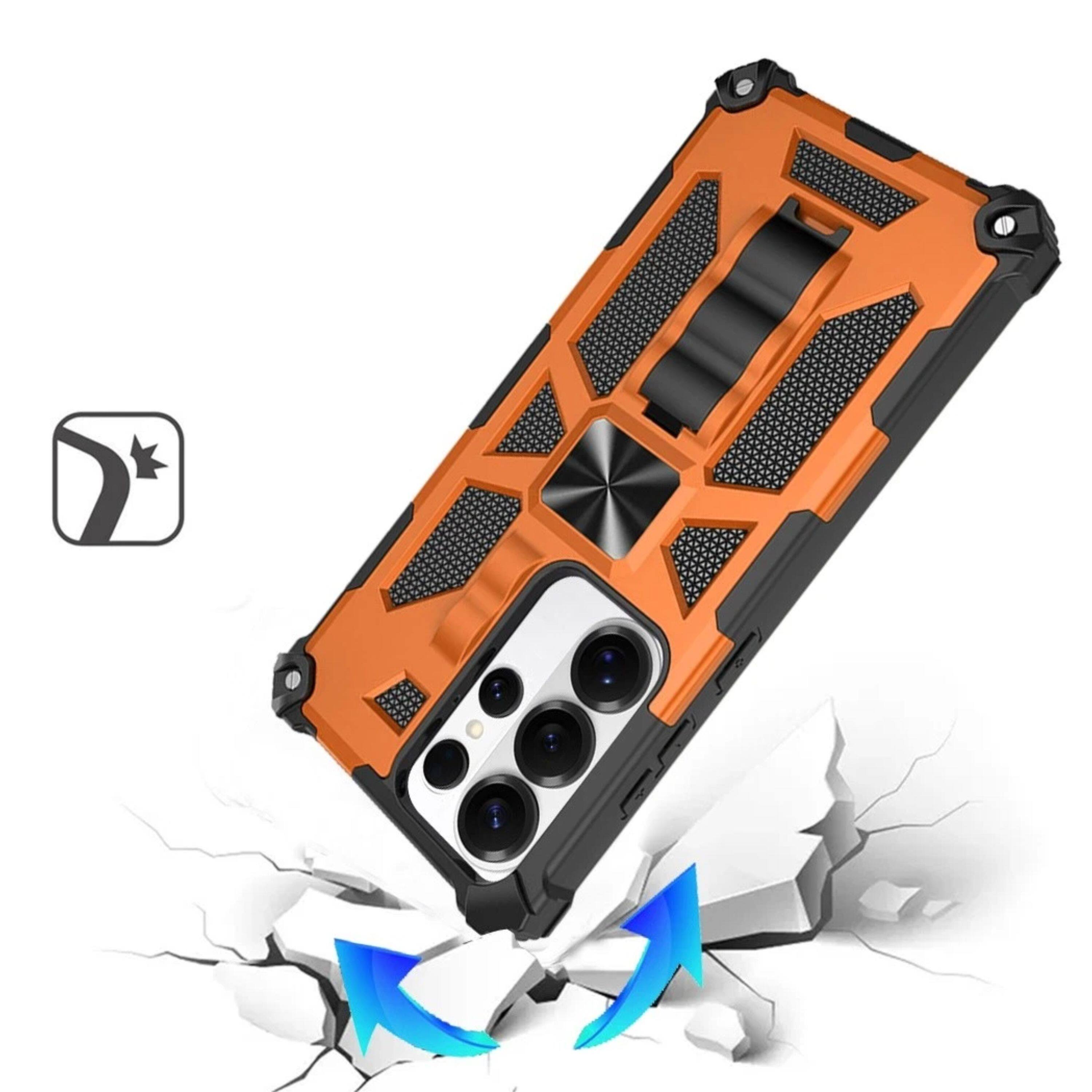 Back. Kitcheniva - Shockproof Modern Stand Metal Plate Phone Case With Tempered Glass For Samsung S25 Ultra - Cosmic Orange.