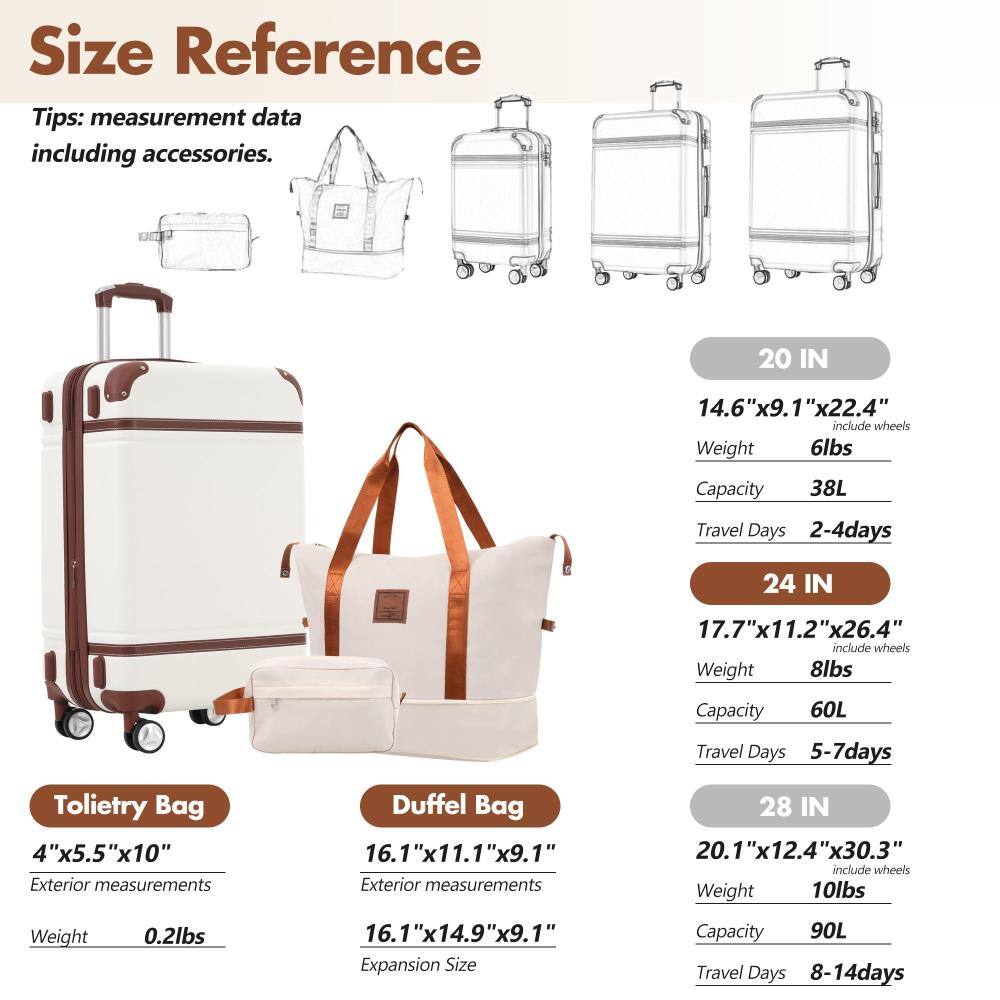 **Size Reference**

**Tips:** measurement data including accessories.

**20 IN**
- 14.6" x 9.1" x 22.4" (include wheels)
- Weight: 6lbs
- Capacity: 38L
- Travel Days: 2-4 days

**24 IN**
- 17.7" x 11.2" x 26.4" (include wheels)
- Weight: 8lbs
- Capacity: 60L
- Travel Days: 5-7 days

**28 IN**
- 20.1" x 12.4" x 30.3" (include wheels)
- Weight: 10lbs
- Capacity: 90L
- Travel Days: 8-14 days

**Toiletry Bag**
- 4" x 5.5" x 10" (Exterior measurements)
- Weight: 0.2lbs

**Duffel Bag**
- 16.1" x 11.1" x 9.1" (Exterior measurements)
- 16.1" x 14.