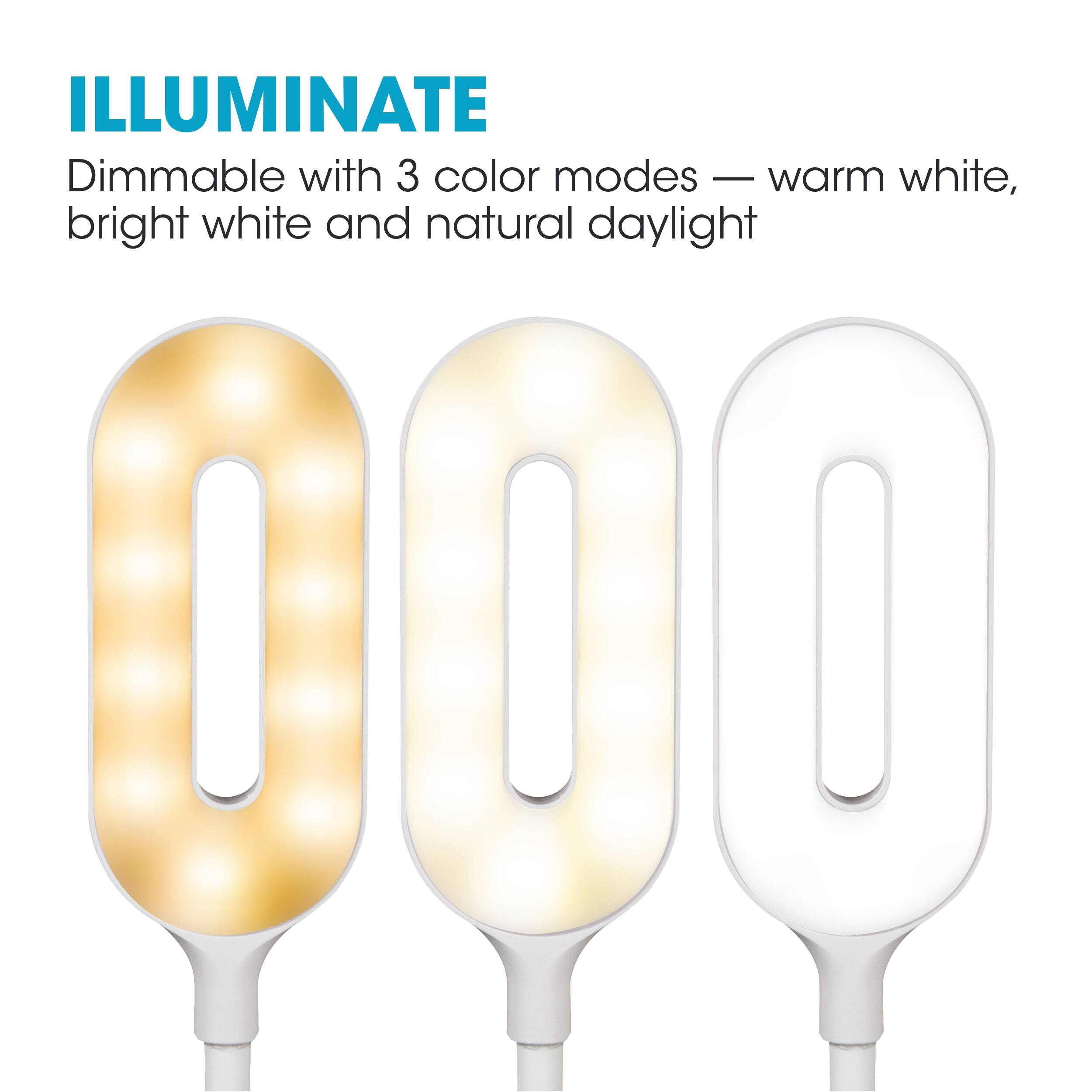 ILLUMINATE Dimmable with 3 color modes - warm white, bright white, and natural daylight.