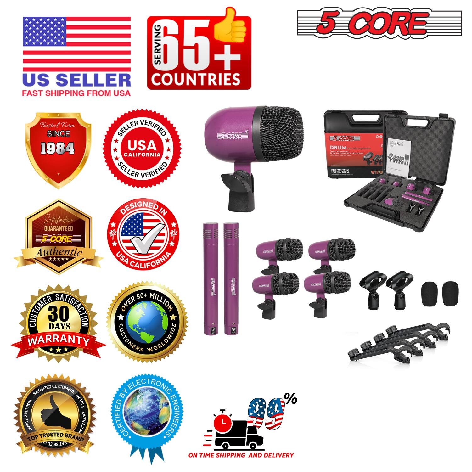 Sure, here is the corrected and grouped text from the image:

---

**US SELLER**  
FAST SHIPPING FROM USA

**SERVING 65+ COUNTRIES**

**5 CORE**

**VERIFIED SINCE 1984**  
USA CALIFORNIA SELLER VERIFIED

**DESIGNED IN USA**

**5 CORE Authentic**

**SATISFACTION GUARANTEED**

**30 DAYS WARRANTY**

**OVER 50+ MILLION CUSTOMERS WORLDWIDE**

**SATISFIED CUSTOMERS IN USA**

**TOP TRUSTED BRAND**

**CERTIFIED BY ELECTRONIC ENGINEERING**

**ON TIME SHIPPING AND DELIVERY**

**%**

---

This text is organized to reflect the various badges and information presented in the image.