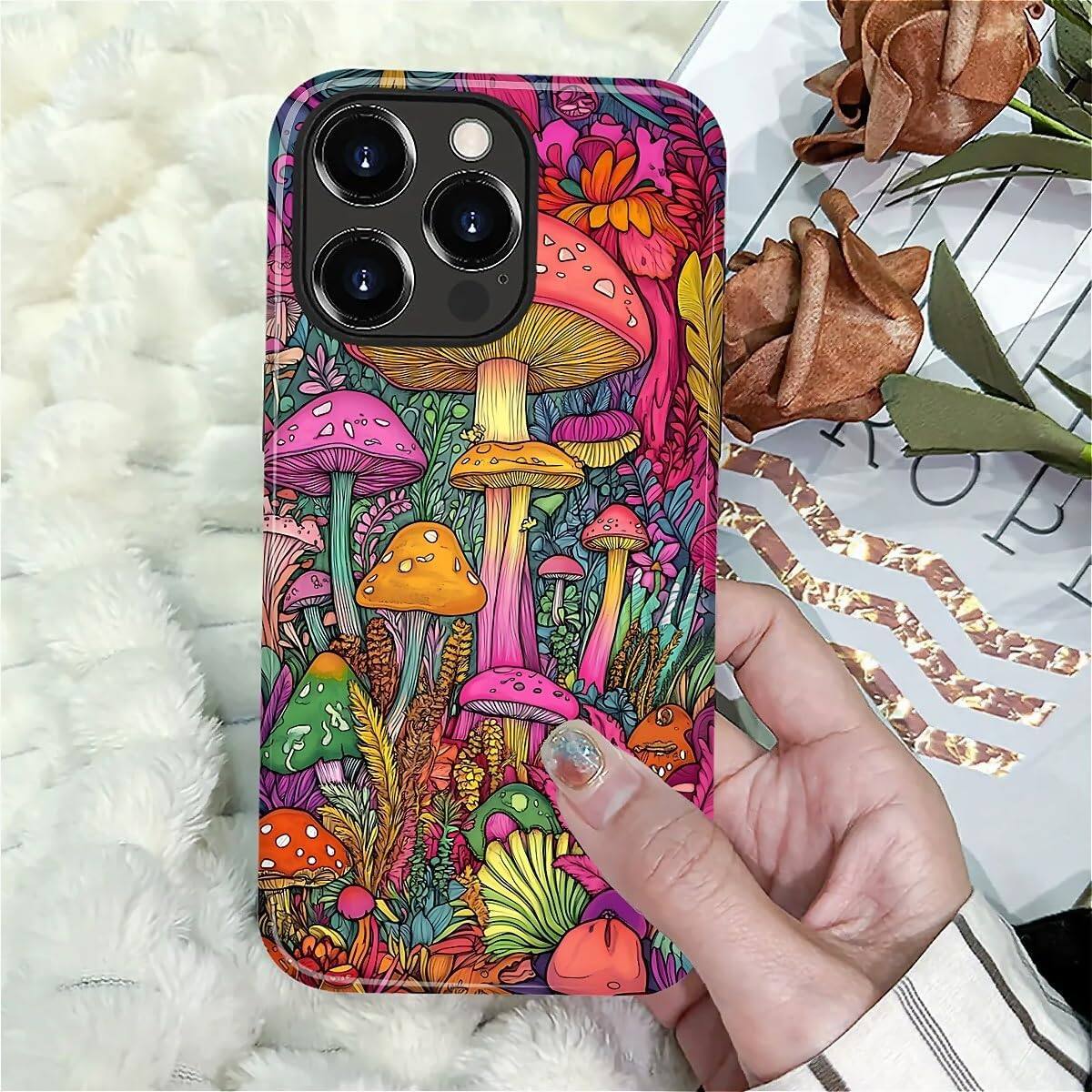 Alt View 6. BUBM - Smartphone Case for iPhone 15 Pro - 2-Layer Durable Smartphone Protection Case - Psychedelic Mushrooms.