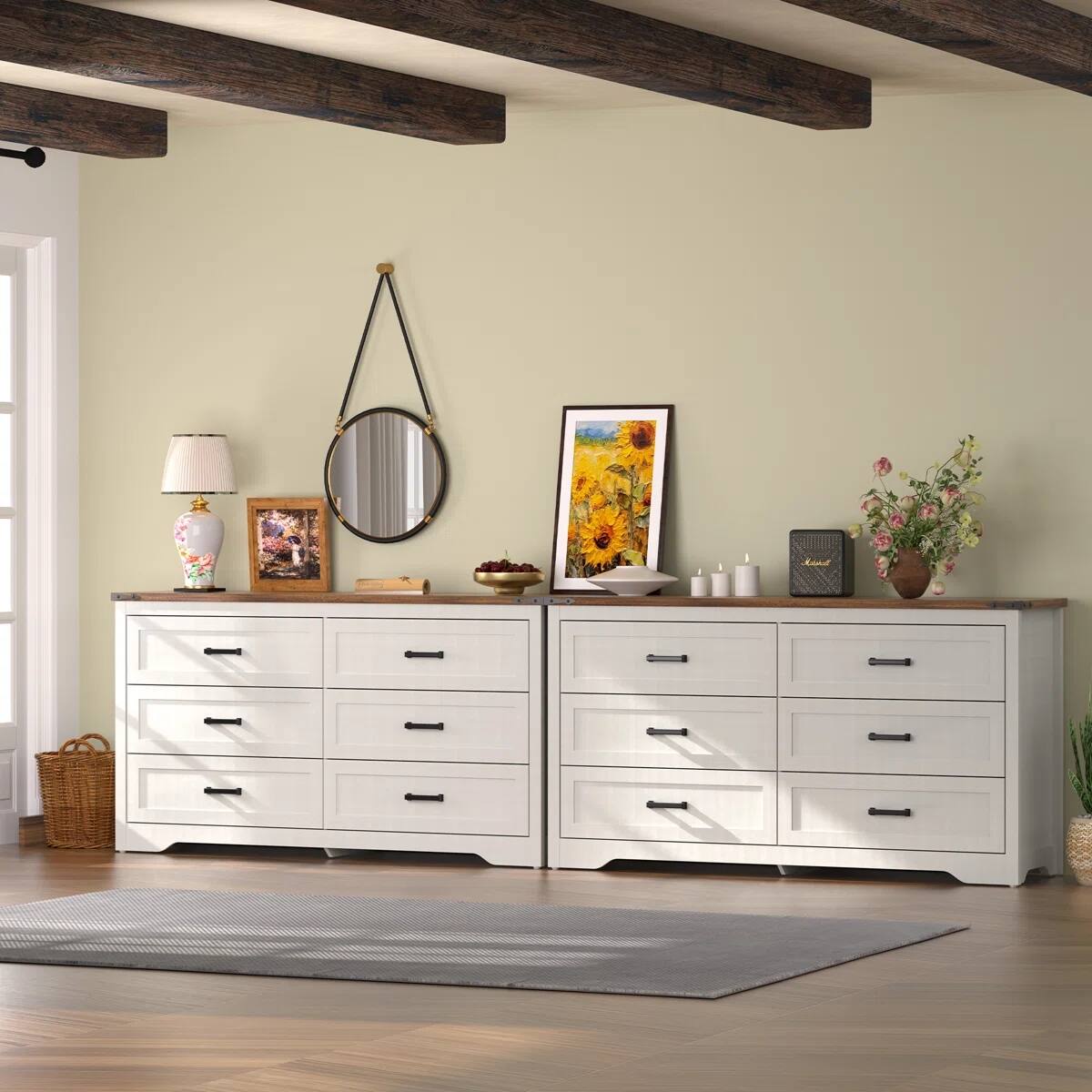 Back. Koligey - 6-Drawer Dresser 54"W Double Dresser With Rustic Top Panel - white.