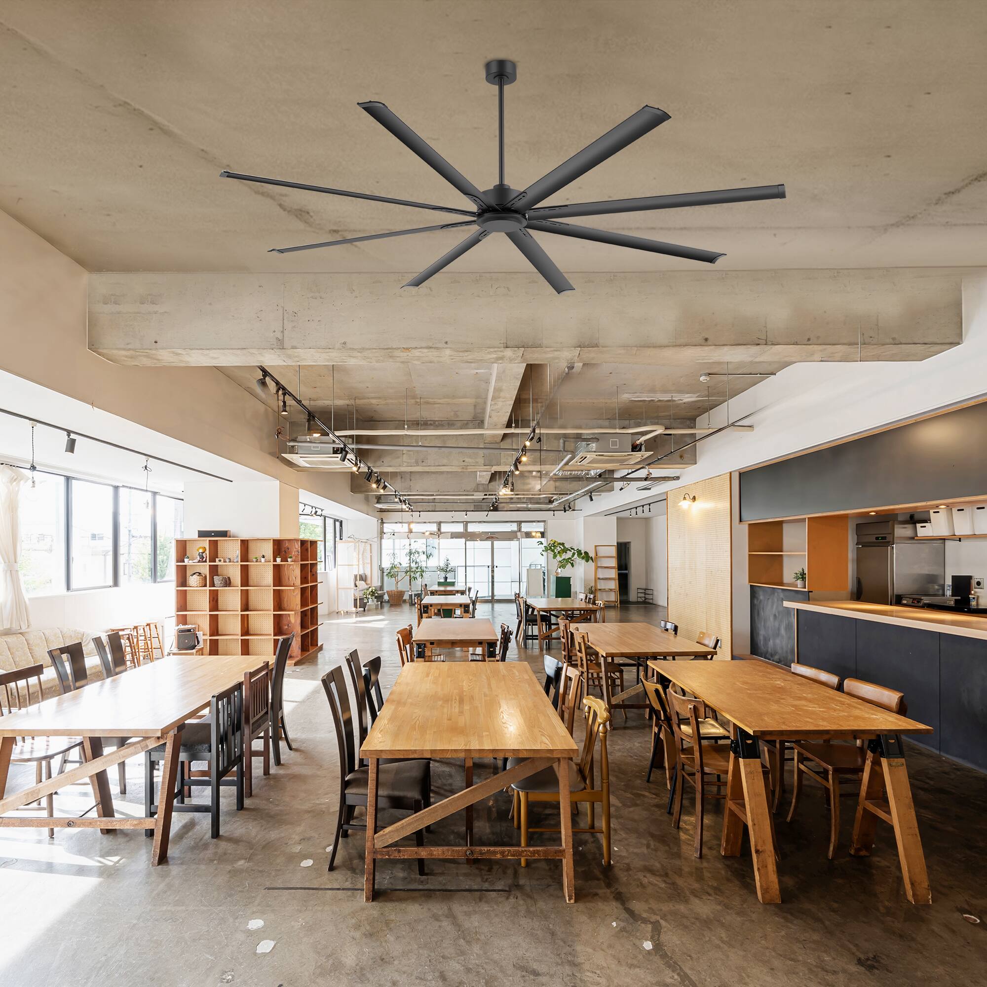 Alt View 1. Breezary - 84/96/120 Inch Extra Large HVLS Commercial Ceiling Fan, No Light, Aluminum Blades, DC Motor, Remote, 3 Downrods Included - 96-in Black.