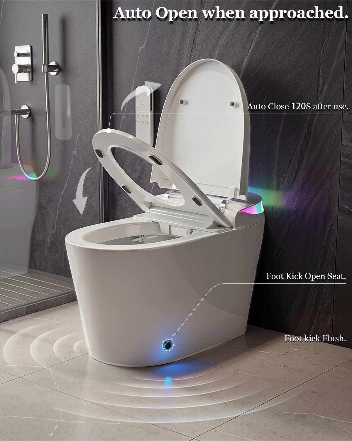 Auto Open when approached.  
Auto Close 120S after use.  
Foot Kick Open Seat.  
Foot Kick Flush.