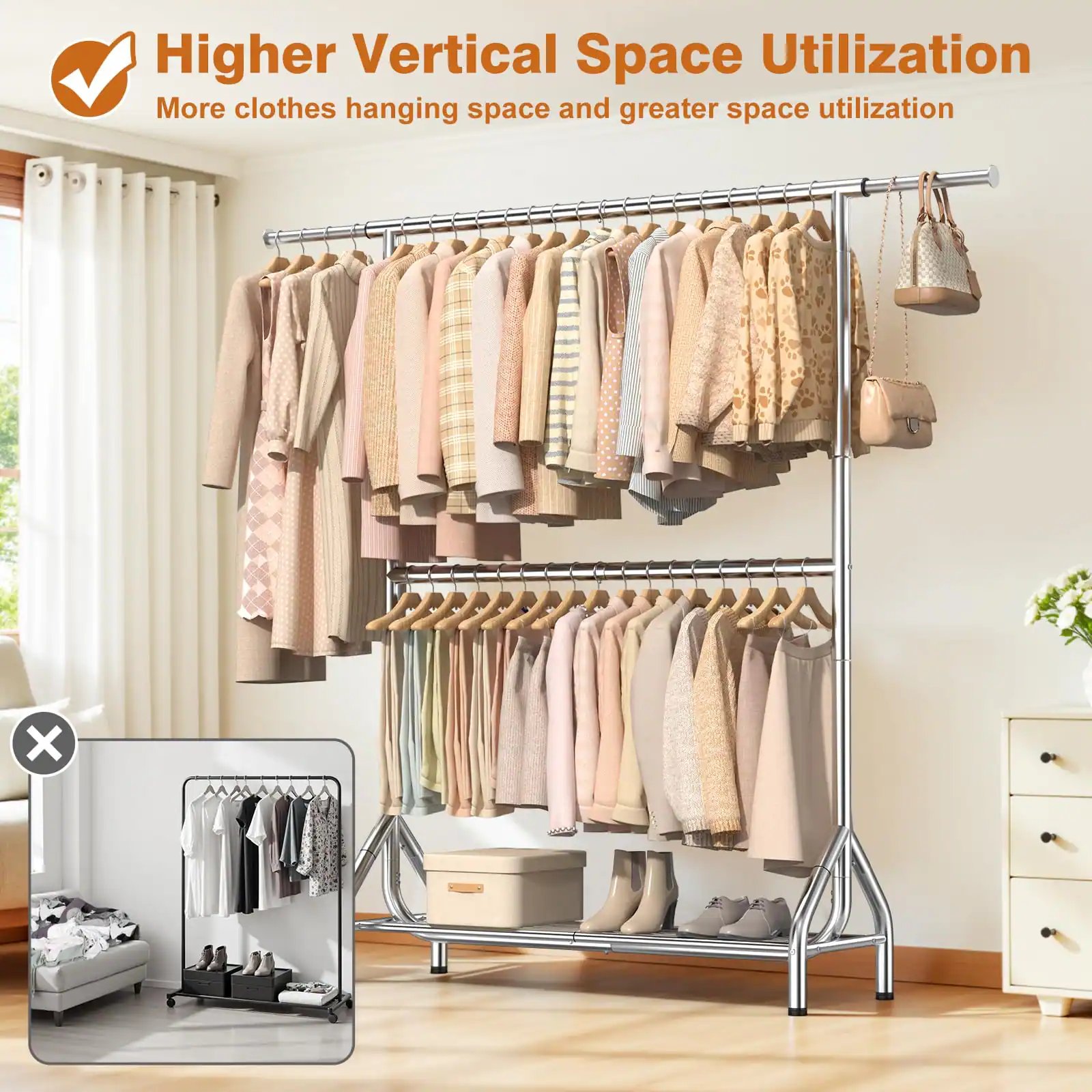 Higher Vertical Space Utilization  
More clothes hanging space and greater space utilization