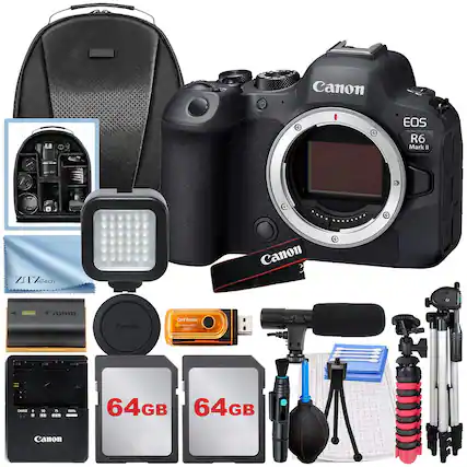 Canon EOS R6 Mark II
ZX1%Tech
Canon Card Reader
64GB SD Cards
Canon Battery
Canon Lens Cap
Canon Lens Hood
Canon Tripod
Canon Flash
Canon Microphone
Canon Cleaning Kit