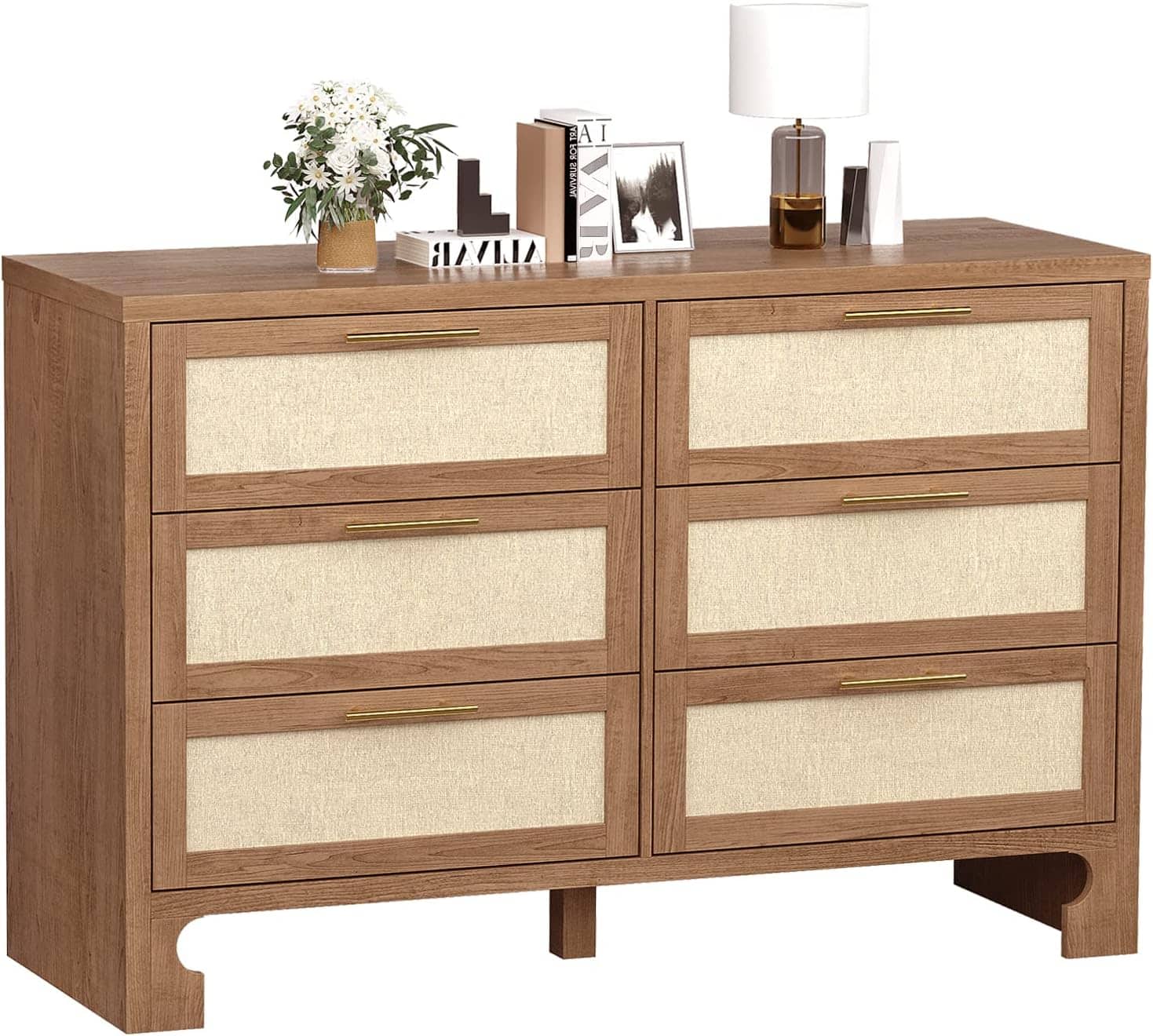 GARVEE - Dresser for Bedroom with 6 Drawers, Burlap Design Wood Drawer Dresser Chest of Drawers for Closet - Caramel