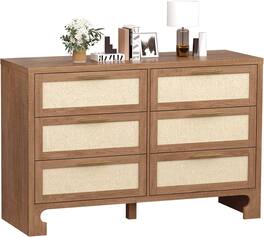 GARVEE - Dresser for Bedroom with 6 Drawers, Burlap Design Wood Drawer Dresser Chest of Drawers for Closet - Caramel