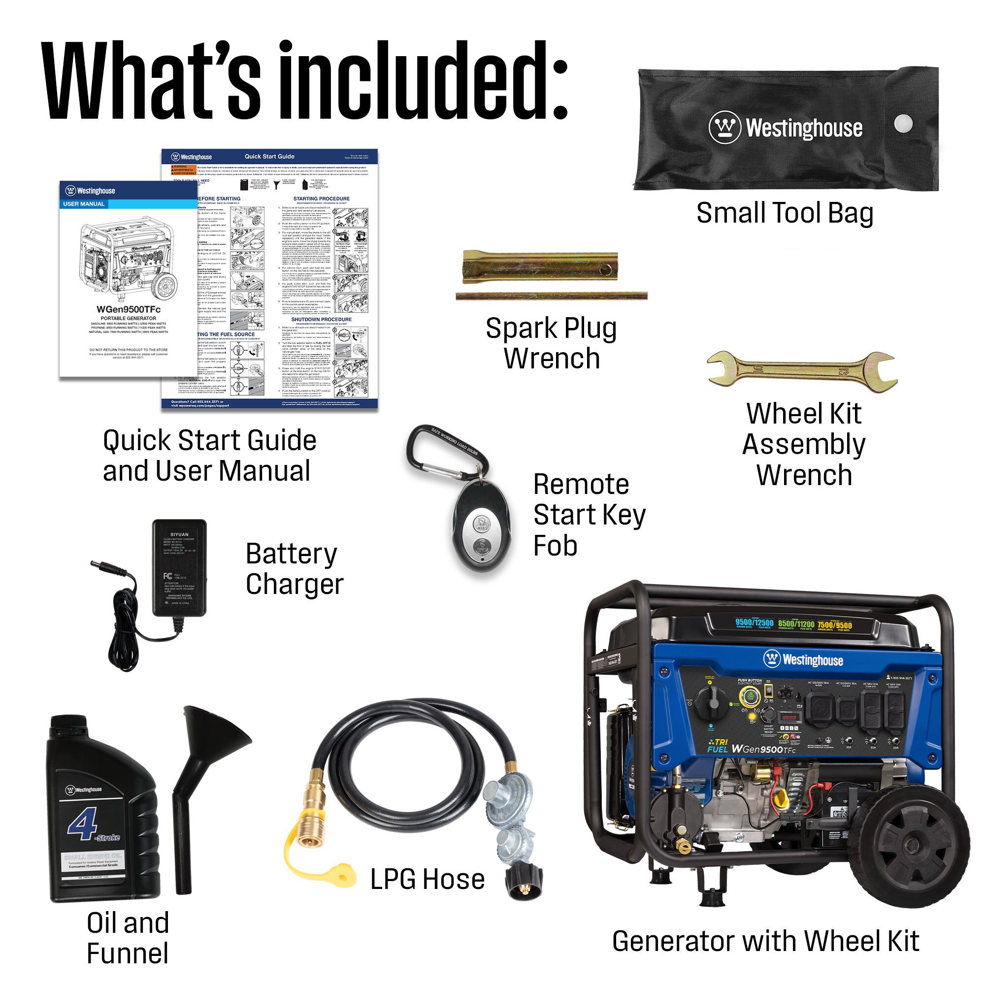 What's included:

- San - Westinghouse
- Small Tool Bag
- Spark Plug Wrench
- Quick Start Guide and User Manual
- Battery Charger
- Remote Start Key Fob
- Wheel Kit Assembly Wrench
- Oil and Funnel
- LPG Hose
- Generator with Wheel Kit