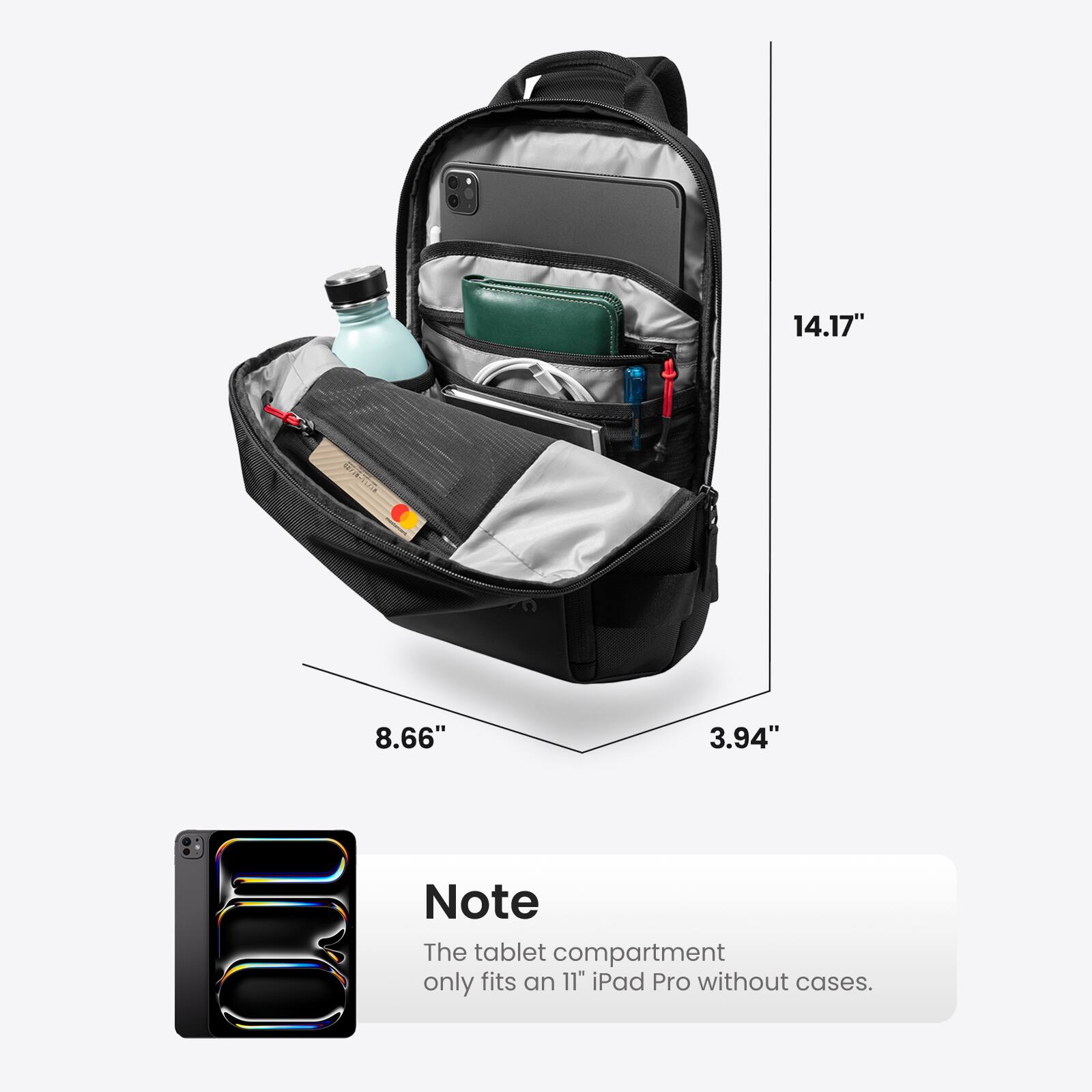 The tablet compartment only fits an 11" iPad Pro without cases.