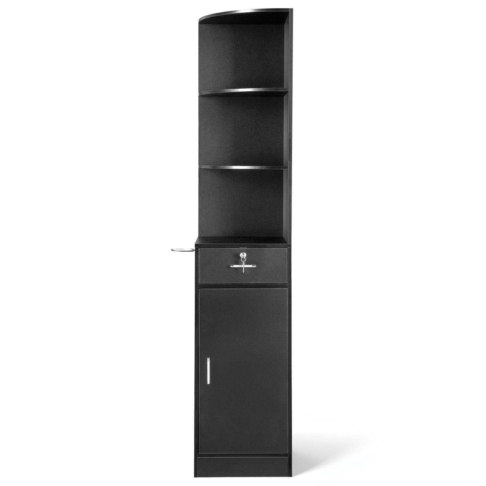 Left. Winado - Salon Corner Storage Cabinet Wall Mount Salon Station with Lockable Drawer, Bottom Cabinet, Hair Dryer Holder for Barber - Black.