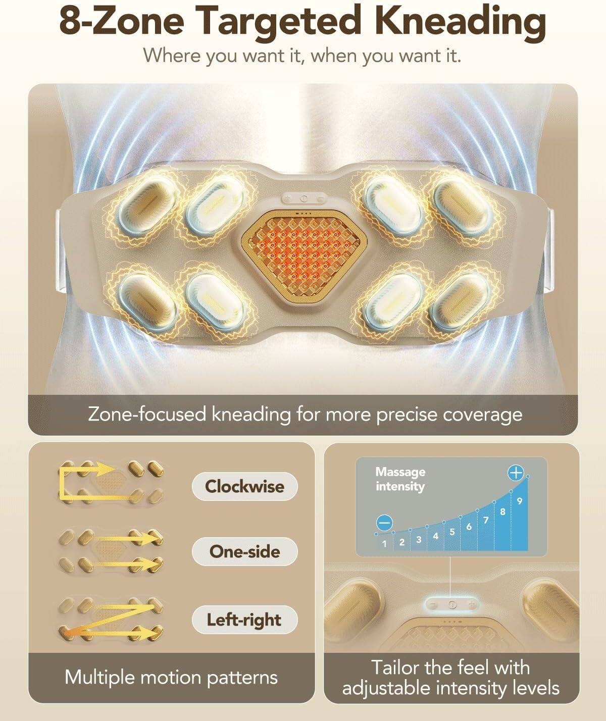 8-Zone Targeted Kneading  
Where you want it, when you want it.

Zone-focused kneading for more precise coverage

- Clockwise
- One-side
- Left-right

Multiple motion patterns

Tailor the feel with adjustable intensity levels

Massage intensity  
1 2 3 4 5 6 7 8 9