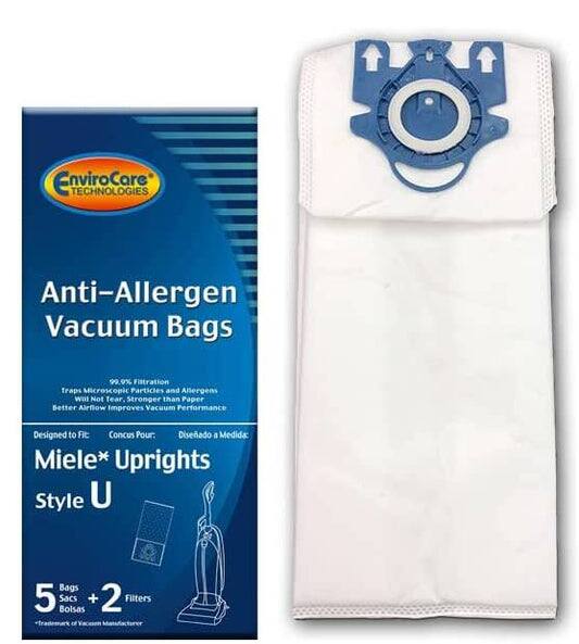 EnviroCore Technologies Anti-Allergen Vacuum Bags 99.29% Filtration Traps Microscopic Particles and Allergens. Not Tear. Stronger than Paper, Better Airflow Improves Vacuum Performance. Designed to Fit Concus Pour: Diseñado a Medida: Miele* Uprights Style U Bags 5 Sacs Bolsas + 2 Filters.