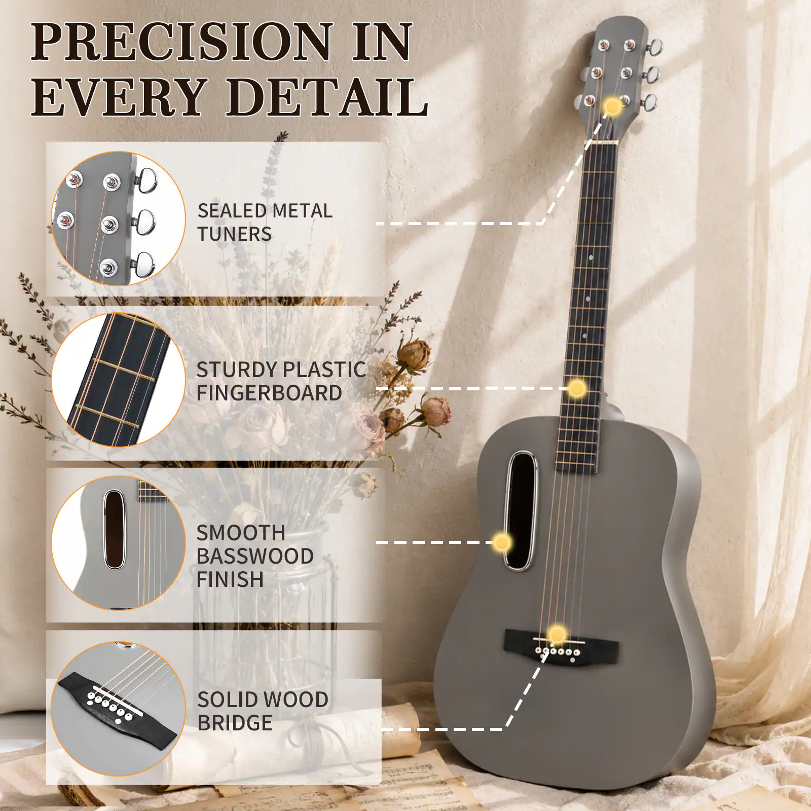 PRECISION IN EVERY DETAIL

SEALED METAL TUNERS

STURDY PLASTIC FINGERBOARD

SMOOTH BASSWOOD FINISH

SOLID WOOD BRIDGE