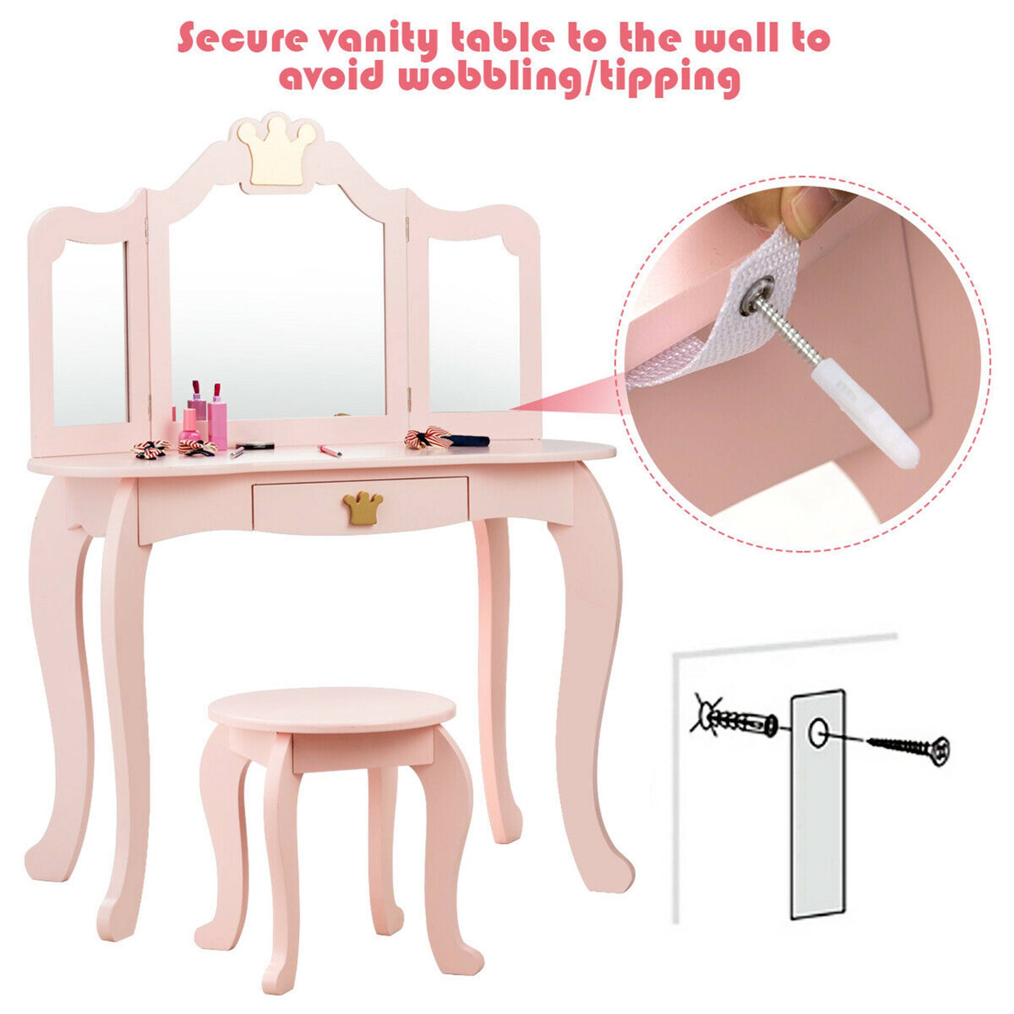 Secure vanity table to the wall to avoid wobbling/tipping