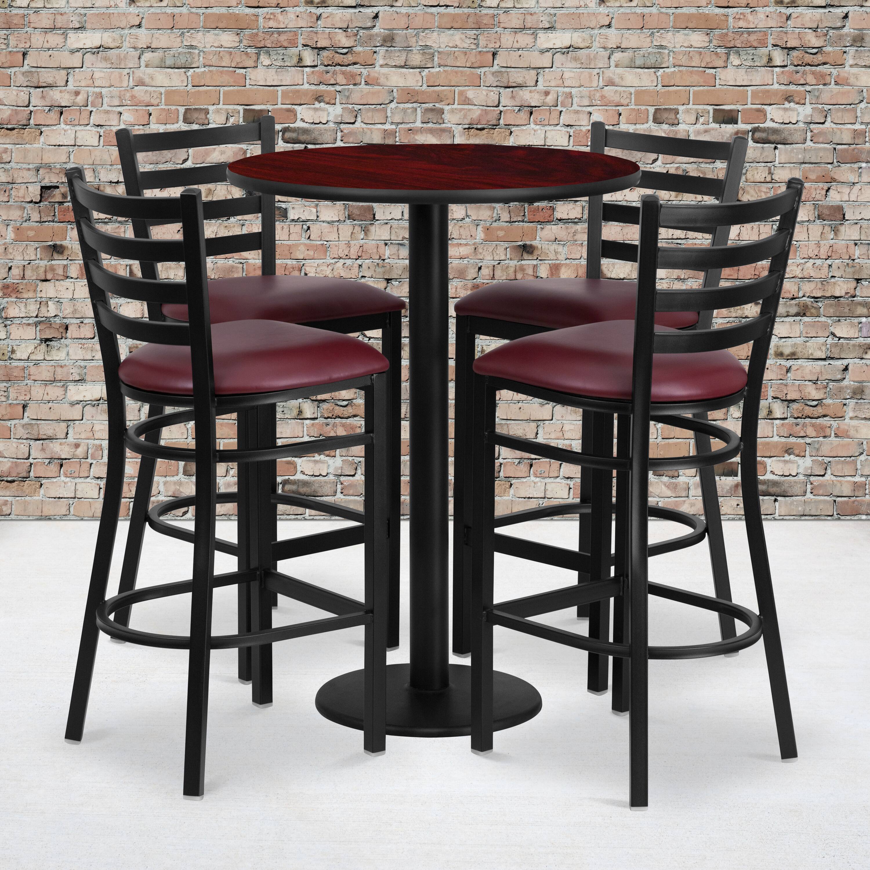 Alt View 1. Emma + Oliver - 30" Round Laminate Table Set with 4 Ladder Back Metal Stools - Mahogany Top/Burgundy Vinyl Seat.