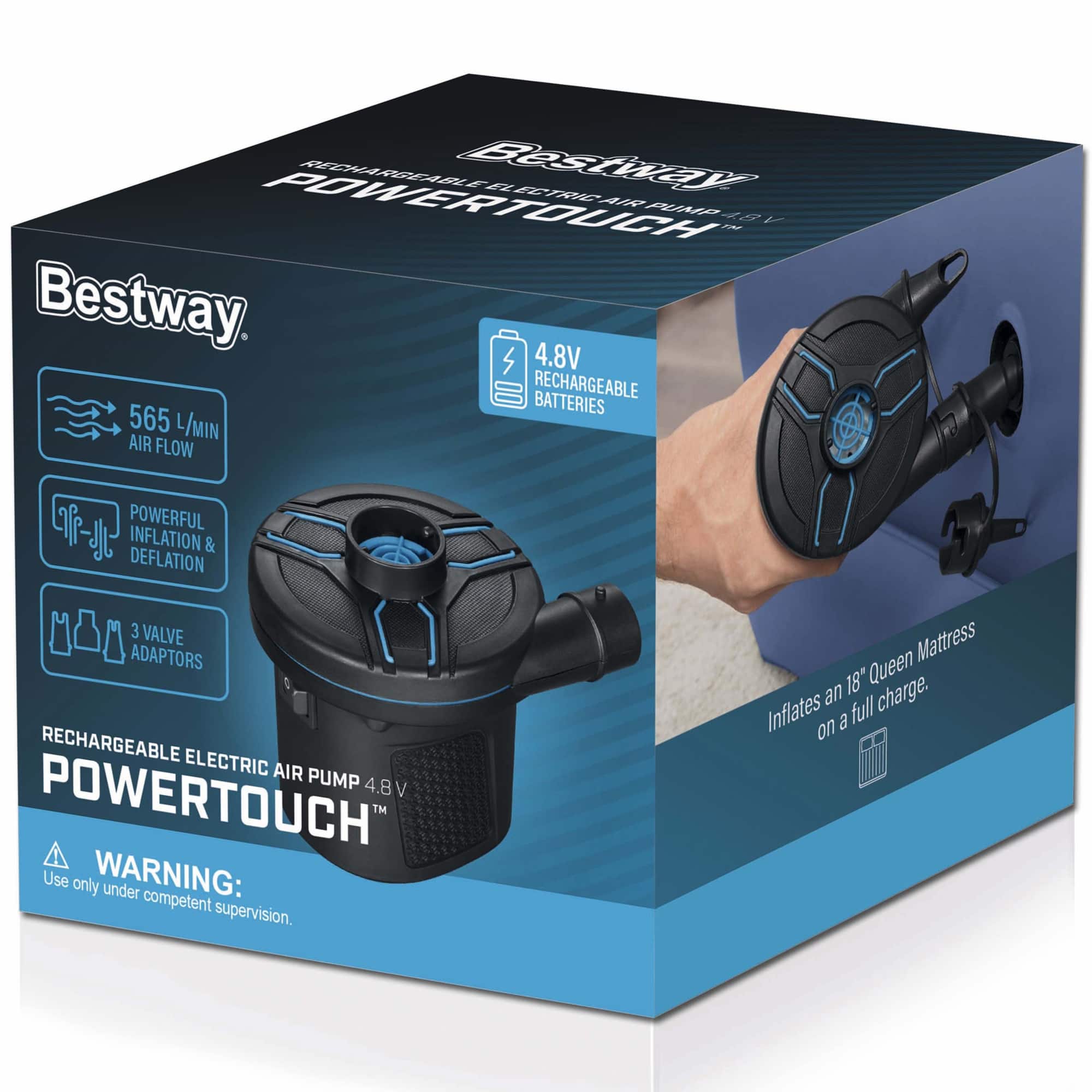 RECHARGEABLE ELECTRIC AIR PUMP 4.8V POWERTOUCH PAS 486 ~ / Bestway. 4.8V RECHARGEABLE BATTERIES 565 L/MIN AIR FLOW POWERFUL INFLATION & DEFLATION 3 VALVE ADAPTORS RECHARGEABLE ELECTRIC AIR PUMP 4.8 V POWERTOUCH Use only under competent supervision. Mattress inflates to 18" Queen in full charge.