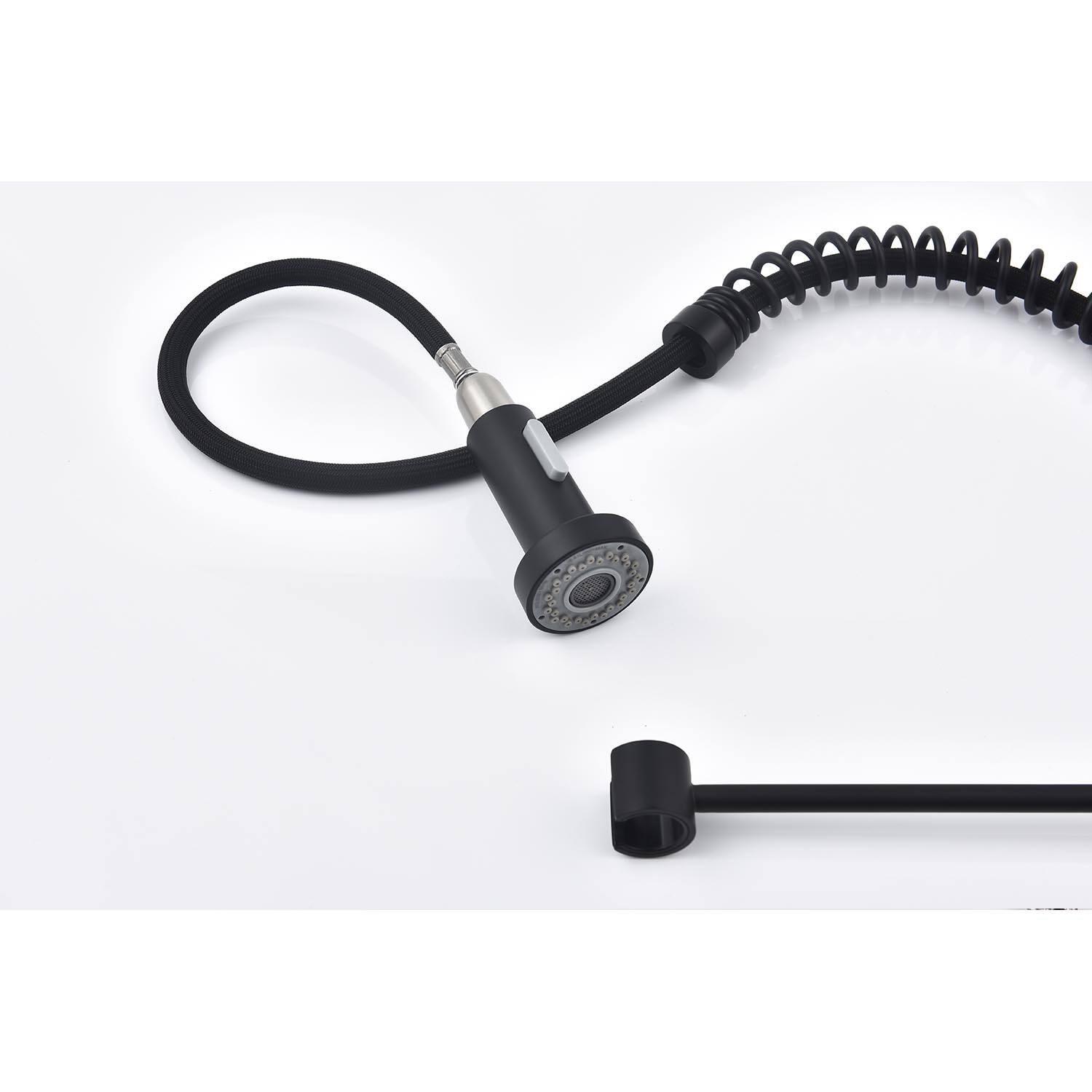 Left. APRILSOUL - Pull down Single Handle Spring Kitchen Faucet - Matte Black.