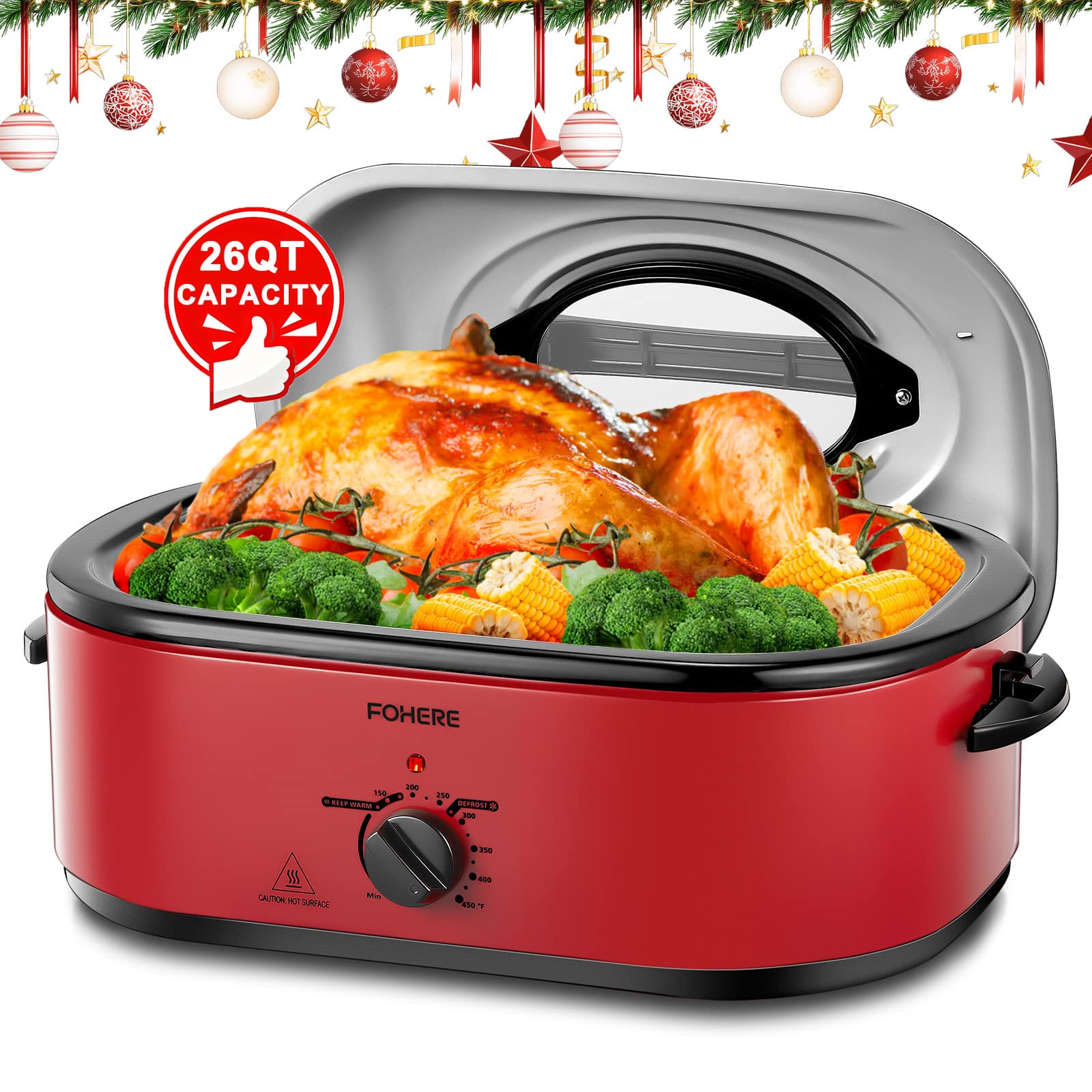 FOHERE - 26QT Electric Roaster Oven with Visible & Self-Basting Lid, Large Turkey Roaster with Defrost & Warm Function - Red