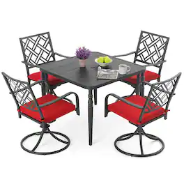 Nuu Garden - 5PCS Patio Dining Set with Umbrella Hole and Swivel Chairs - Black and Red