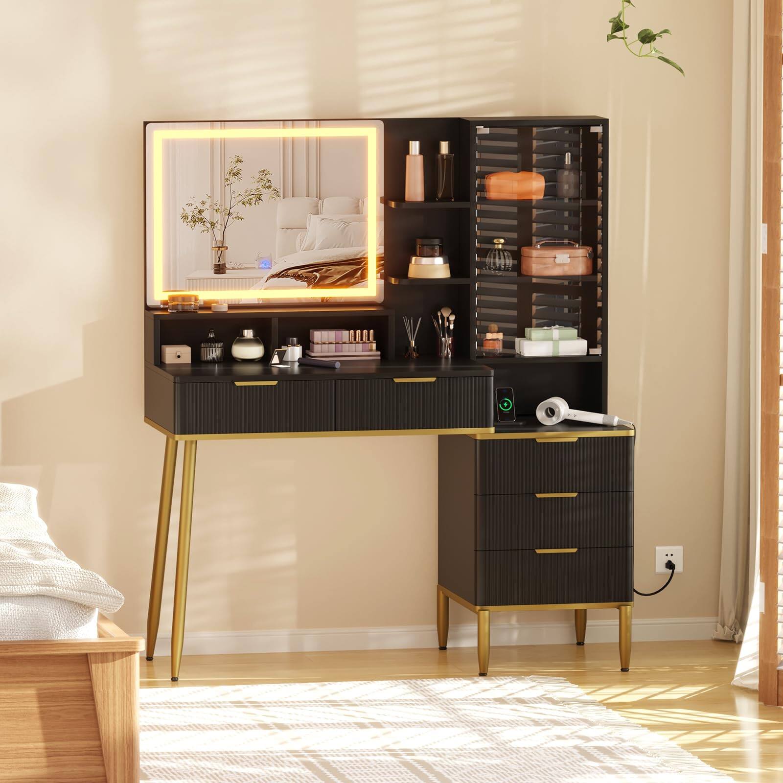 Front. Jojoka - Fluted Vanity Desk with Lighted Mirror, 5 Drawers, Shelves & 3-Color LED, Power Outlet for Bedroom - Black.